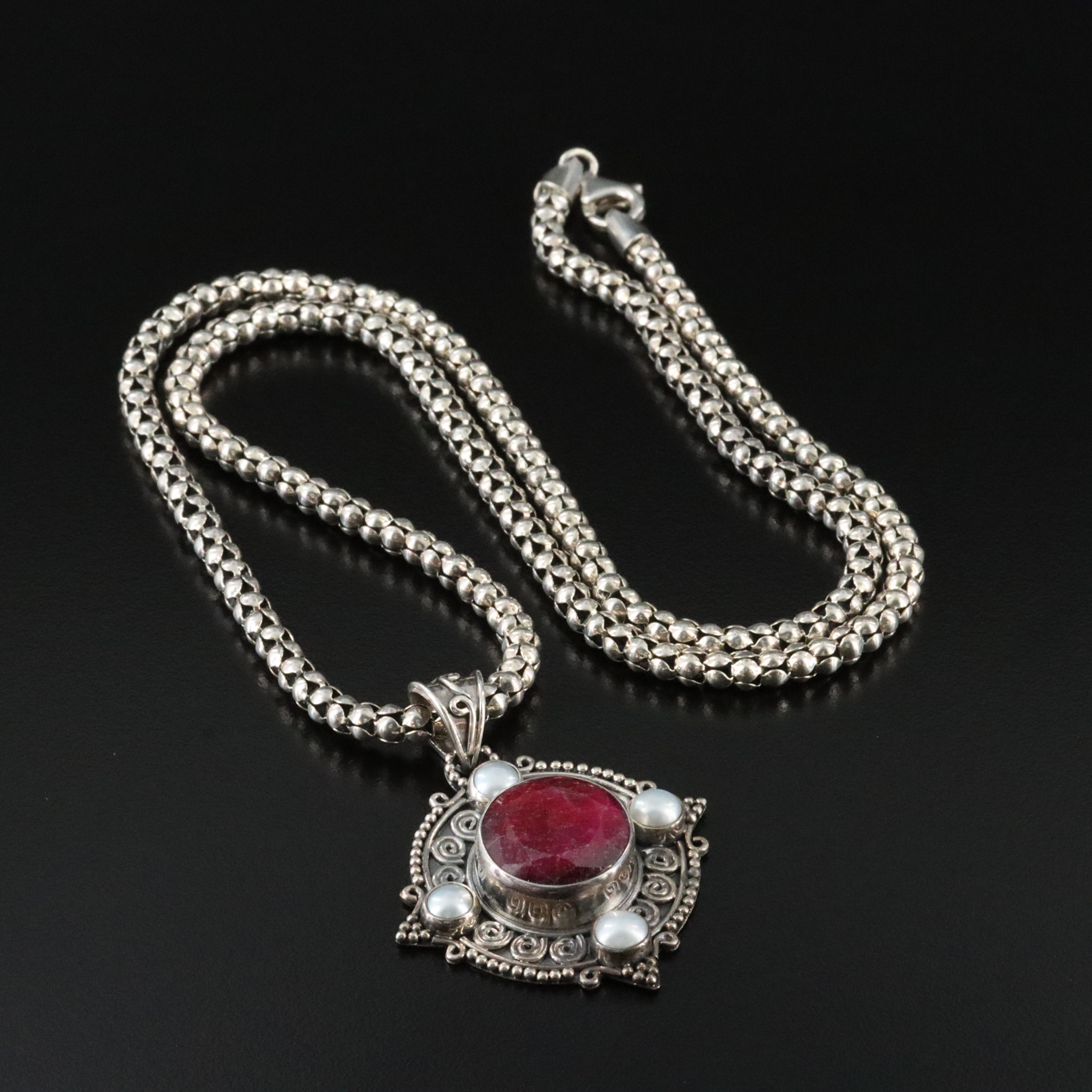 Sterling Filled Corundum and Pearl Pendant Necklace