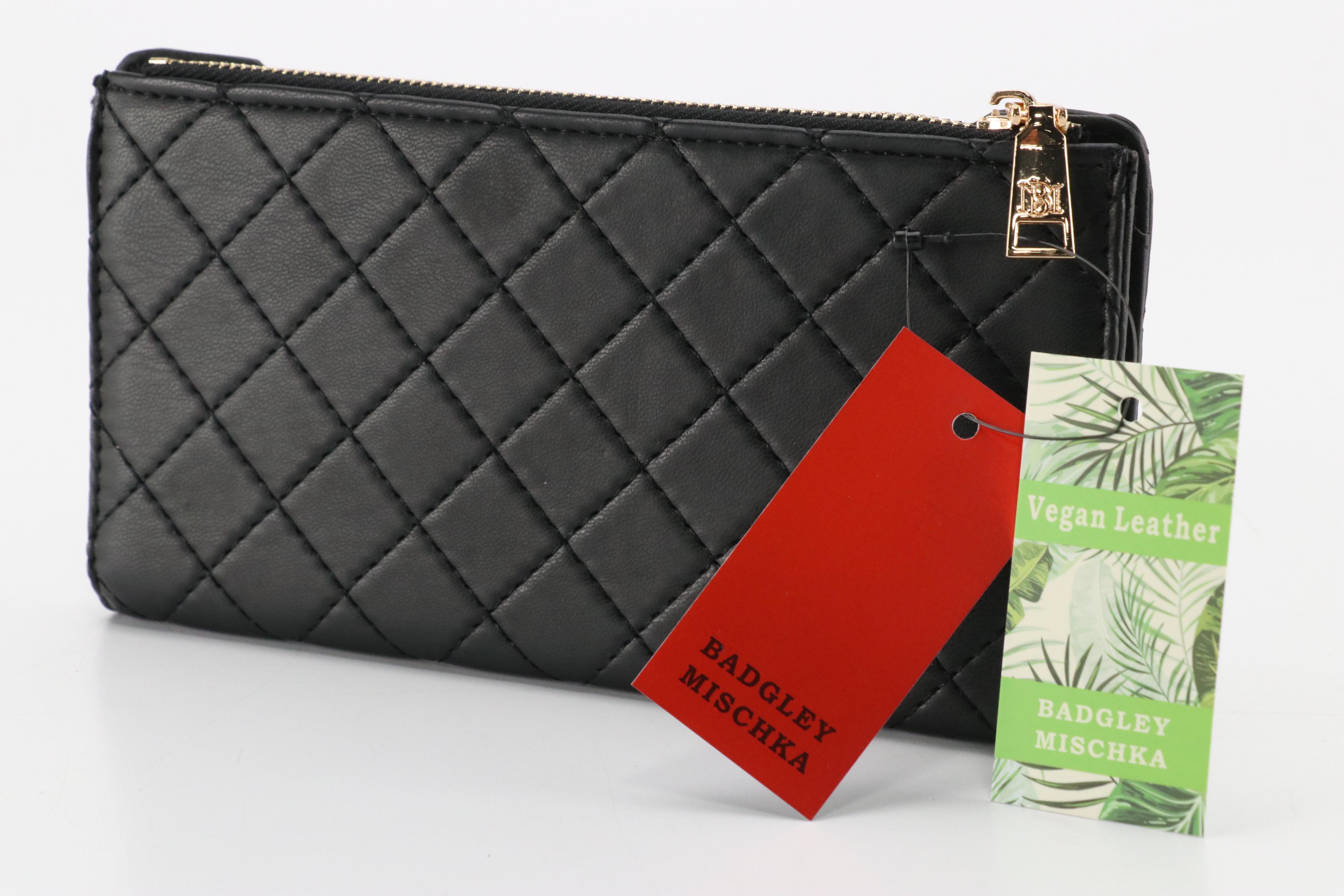 Badgley Mischka Long Card Wallet in Black Quilted Vegan Leather with Tags