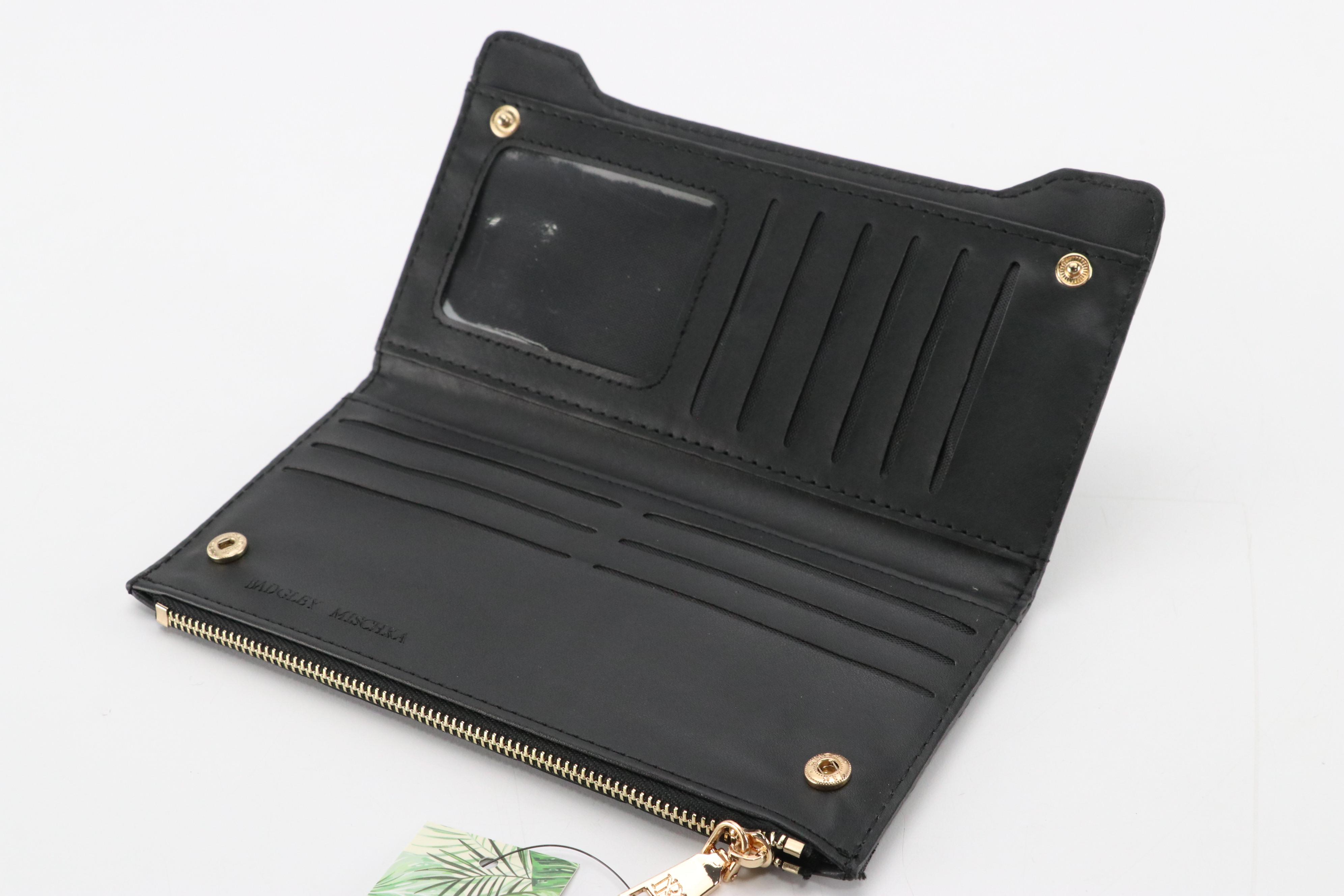 Badgley Mischka Long Card Wallet in Black Quilted Vegan Leather with Tags