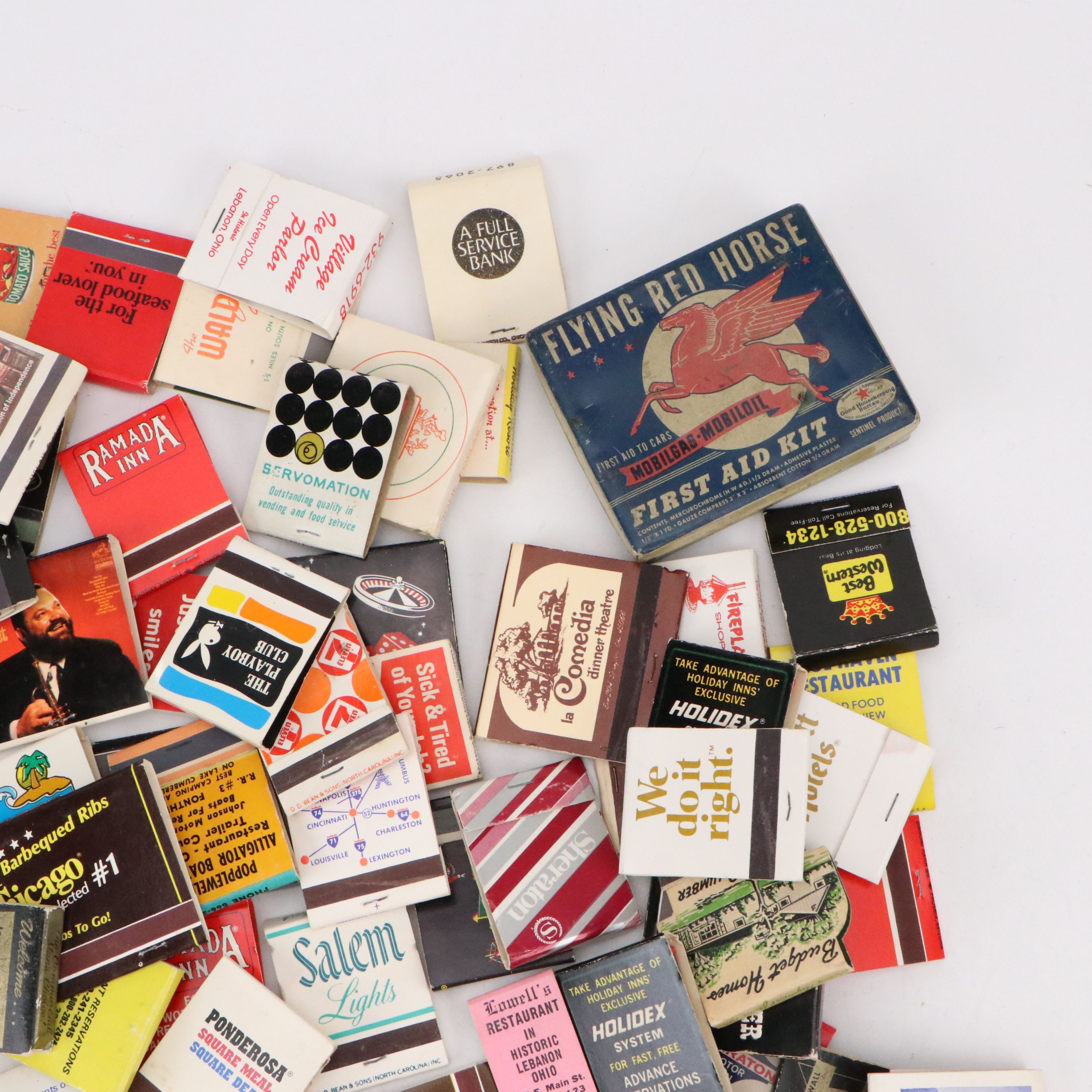 Mobilgas First Aid Kit Tin with Souvenir Matchbooks, Mid to Late 20th Century