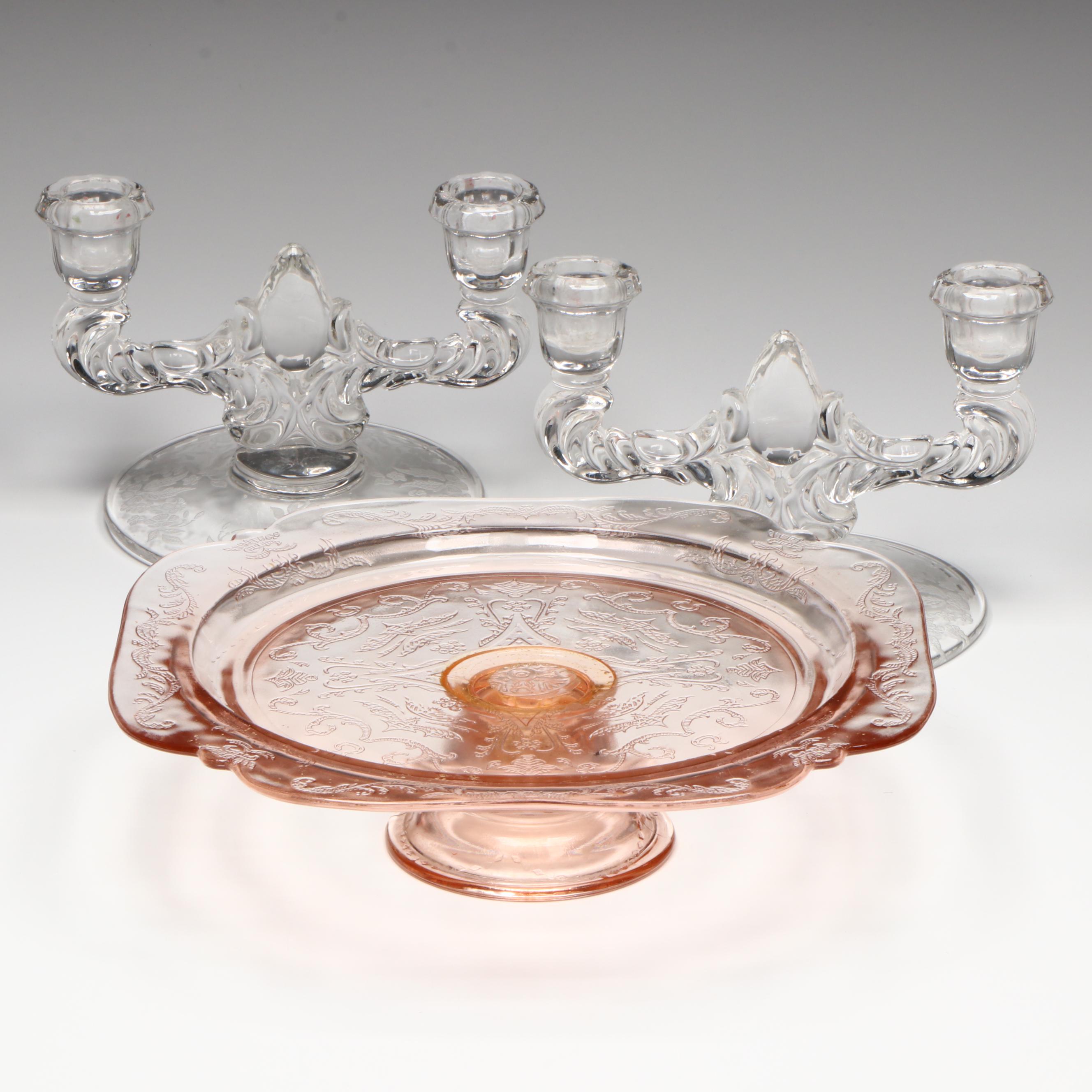 Indiana Glass "Madrid" Cake Stand and Martinsville Viking Double Arm Candelabras