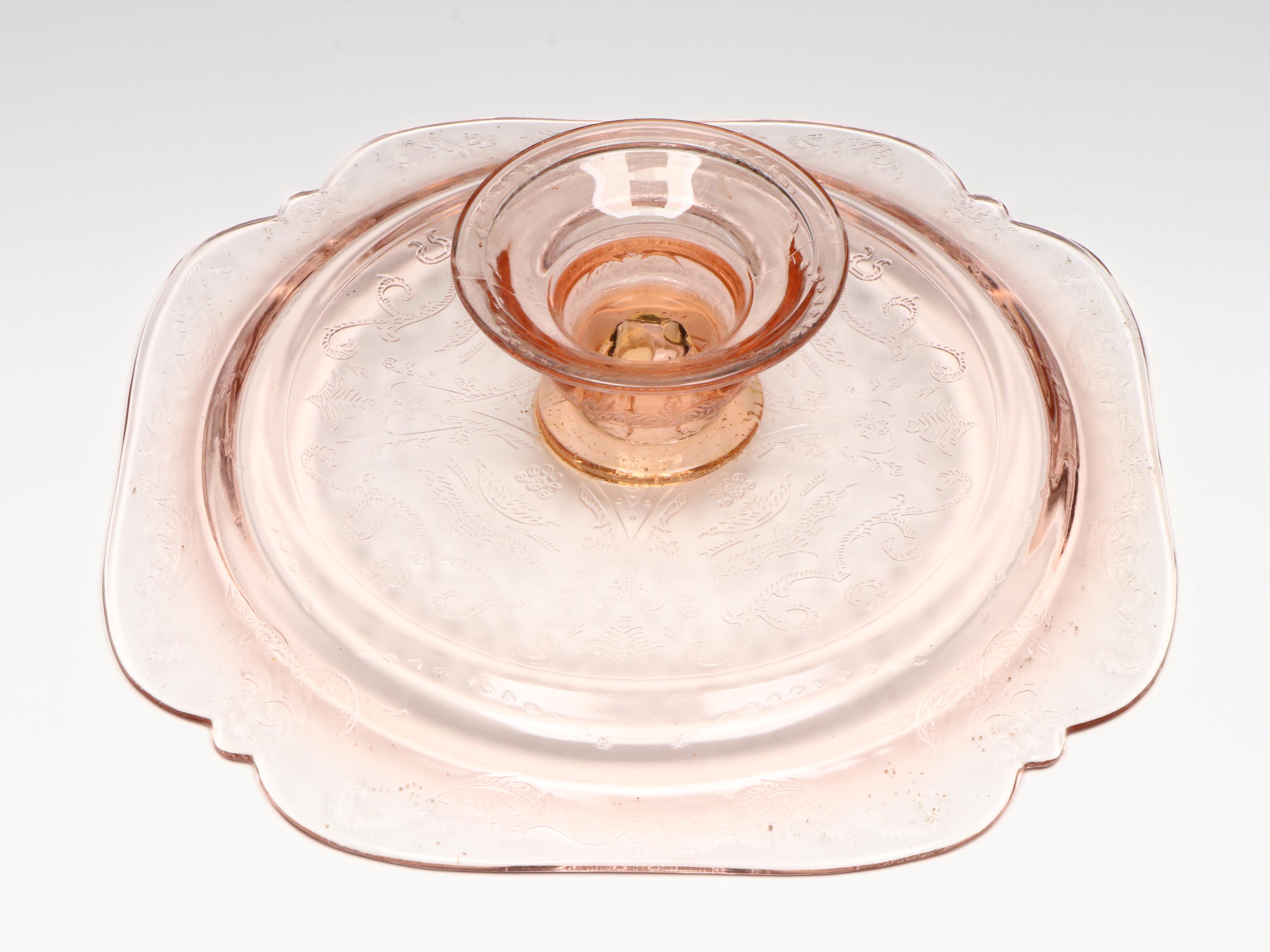 Indiana Glass "Madrid" Cake Stand and Martinsville Viking Double Arm Candelabras