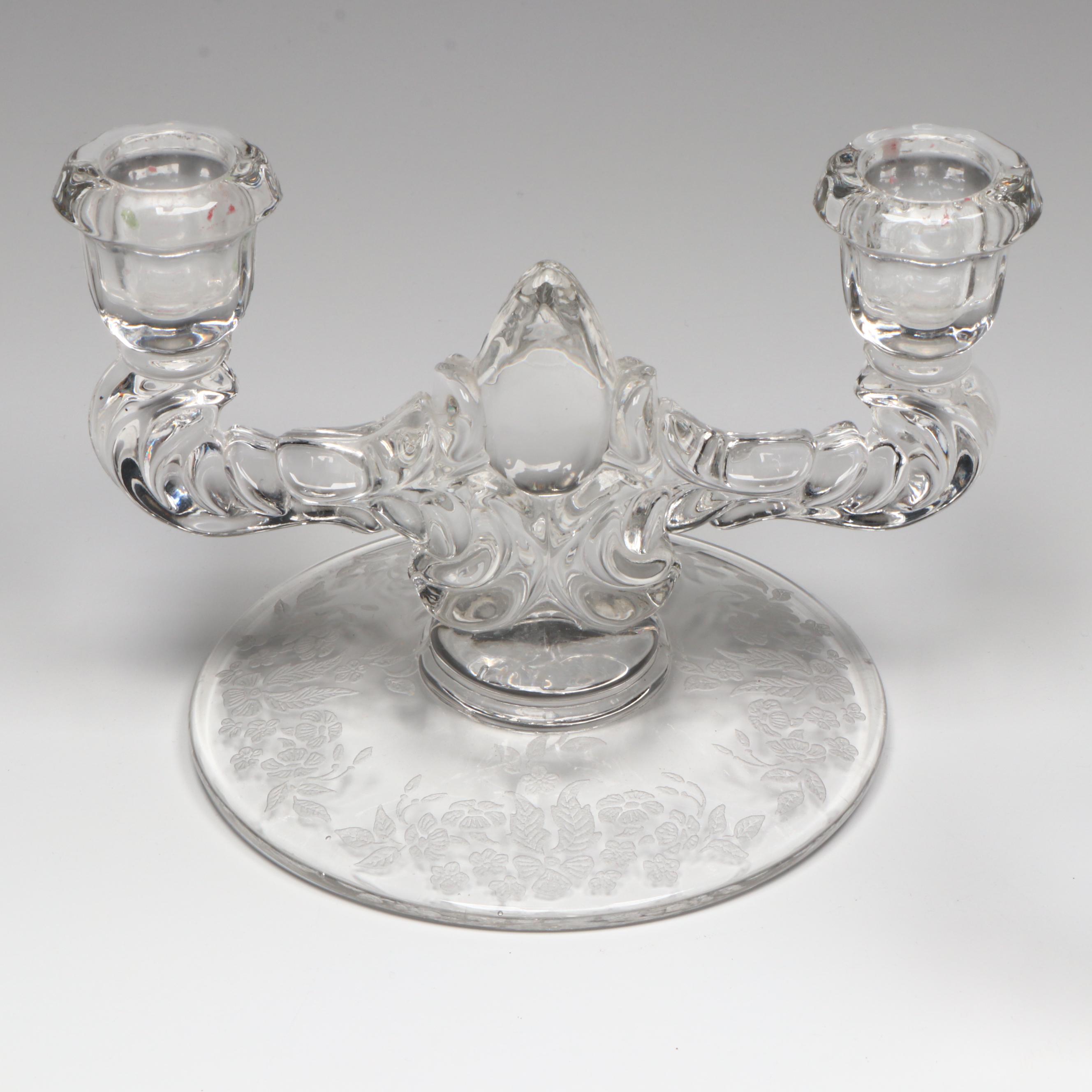 Indiana Glass "Madrid" Cake Stand and Martinsville Viking Double Arm Candelabras
