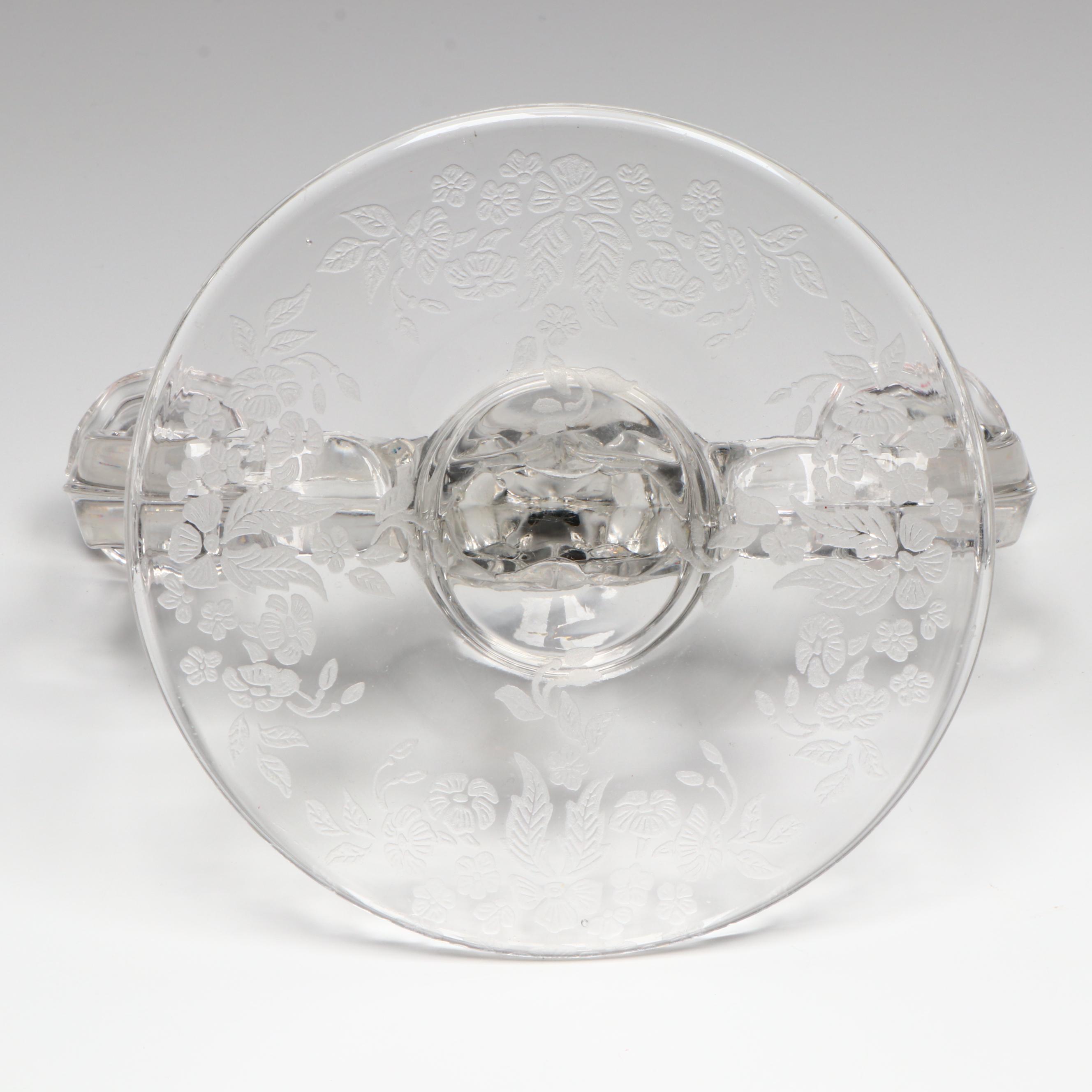 Indiana Glass "Madrid" Cake Stand and Martinsville Viking Double Arm Candelabras