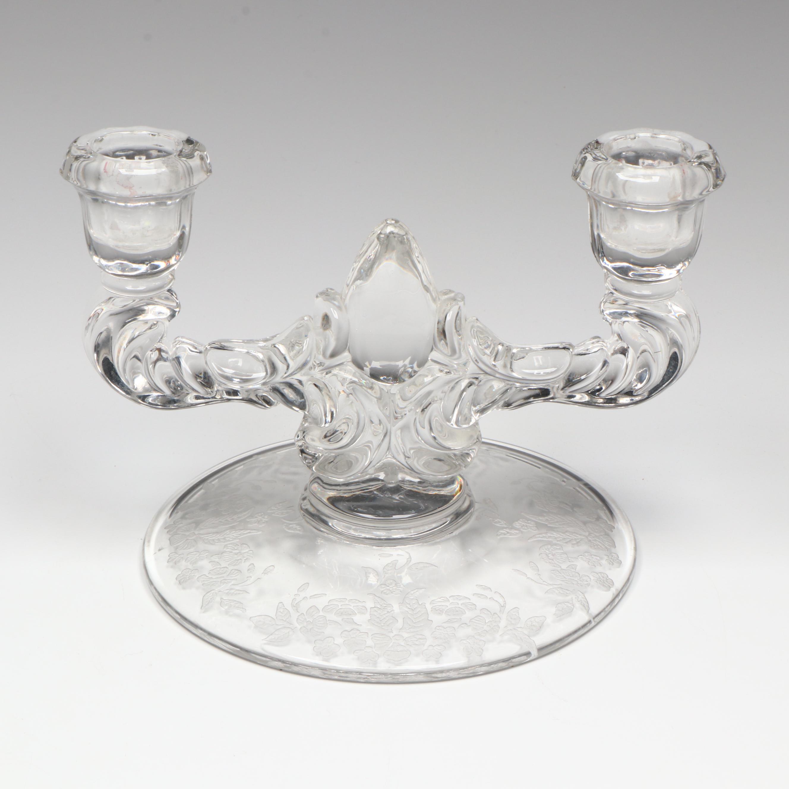 Indiana Glass "Madrid" Cake Stand and Martinsville Viking Double Arm Candelabras