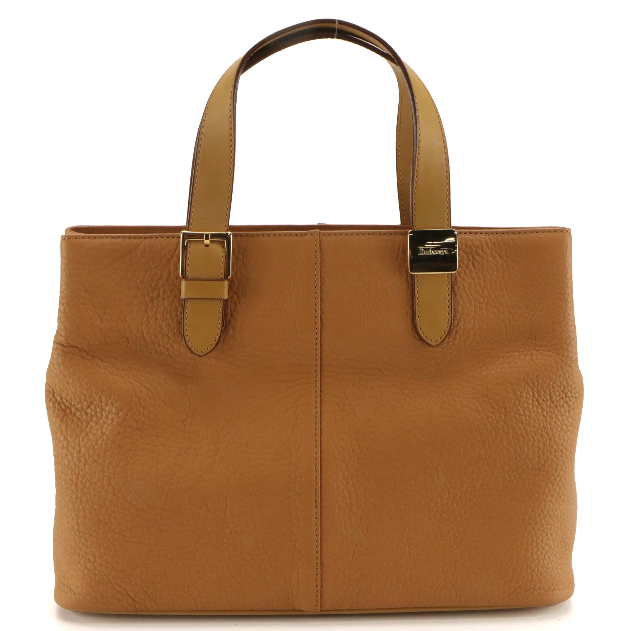 Burberrys Tan Brown Grained Calfskin Leather Tote with Box