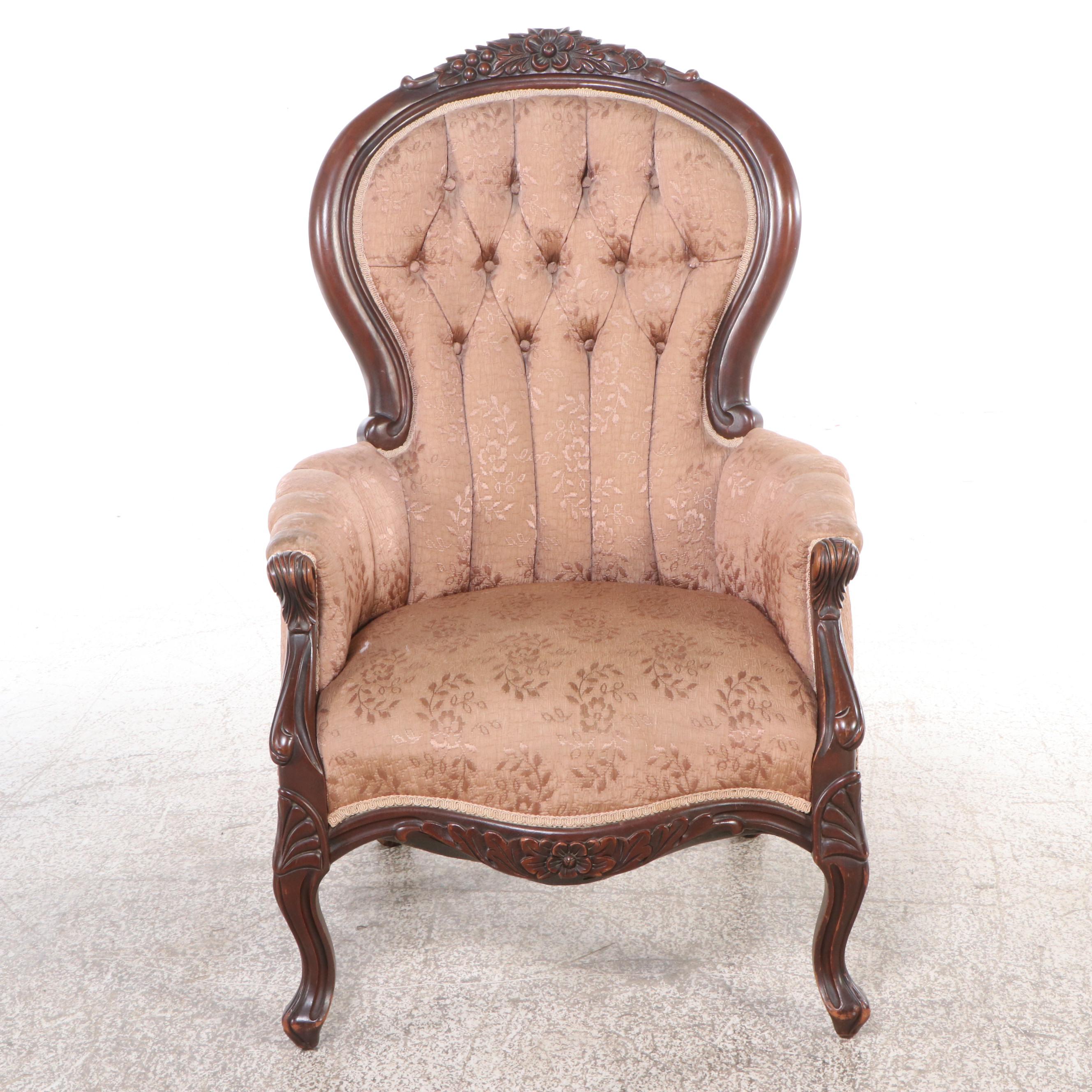 Victorian Upholstered Mahogany Armchair with Footstool