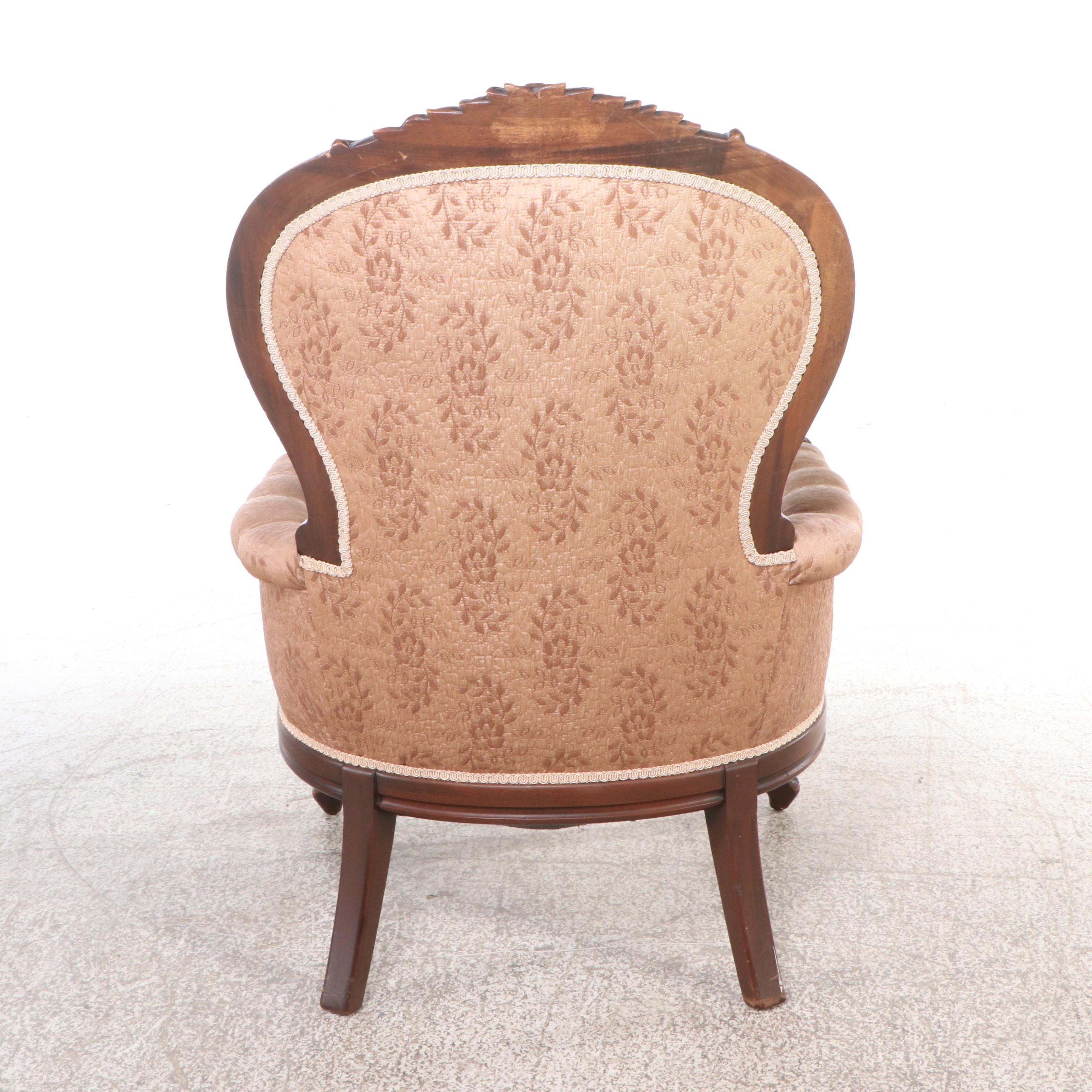 Victorian Upholstered Mahogany Armchair with Footstool