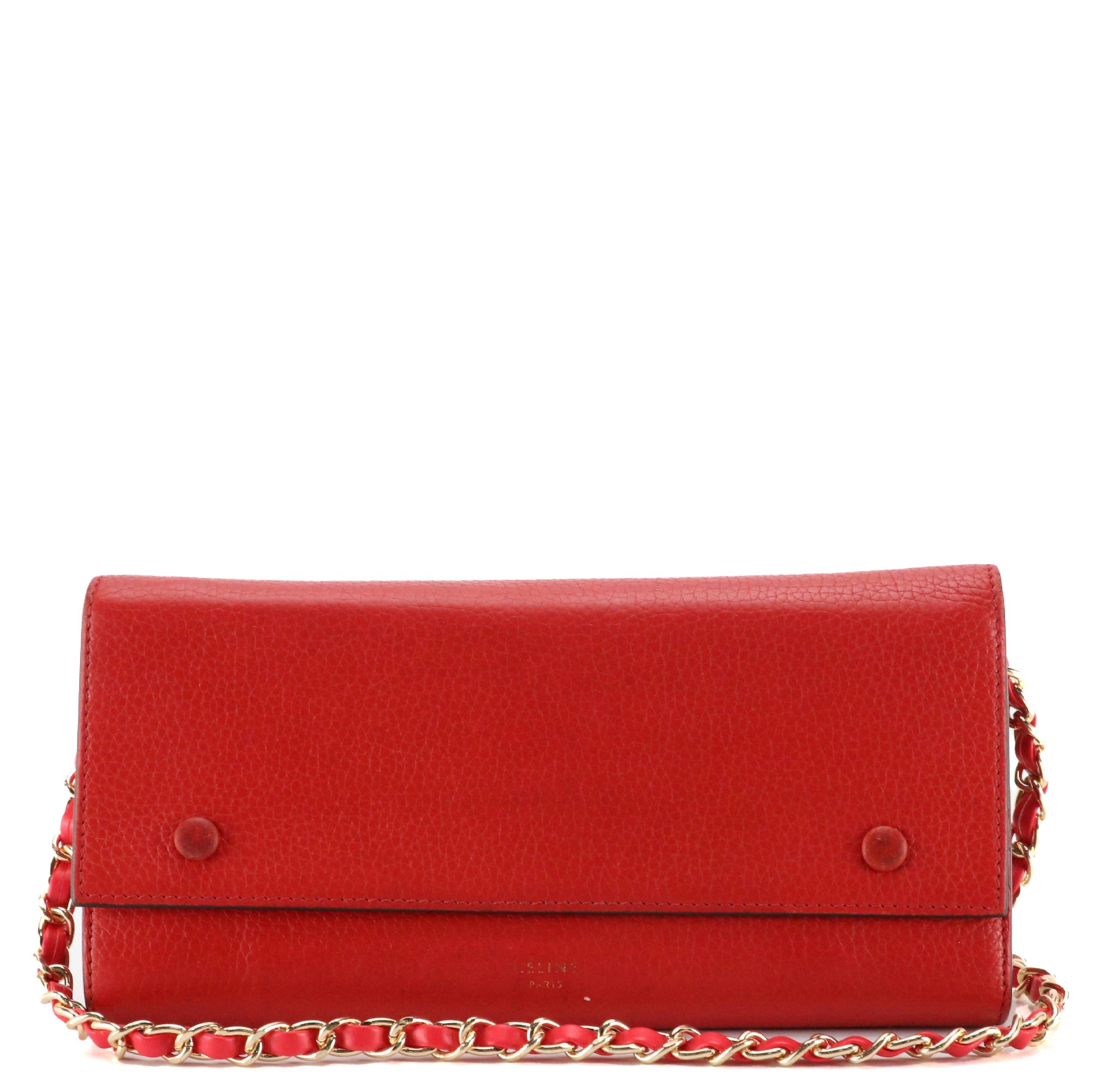 Céline Wallet-on Chain in Red Calfskin Grain Leather