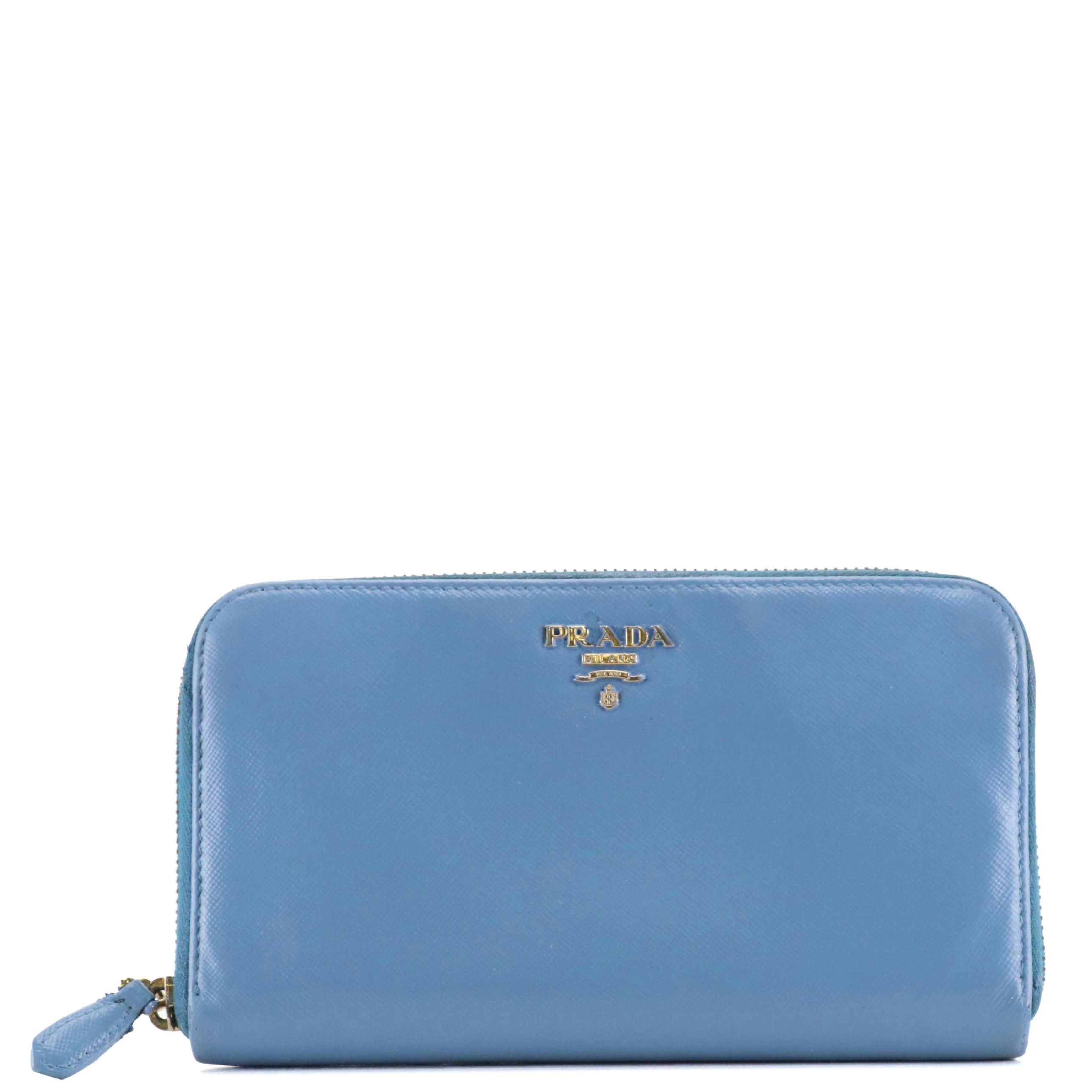 Prada Zip-Around Wallet in Blue Saffiano Leather
