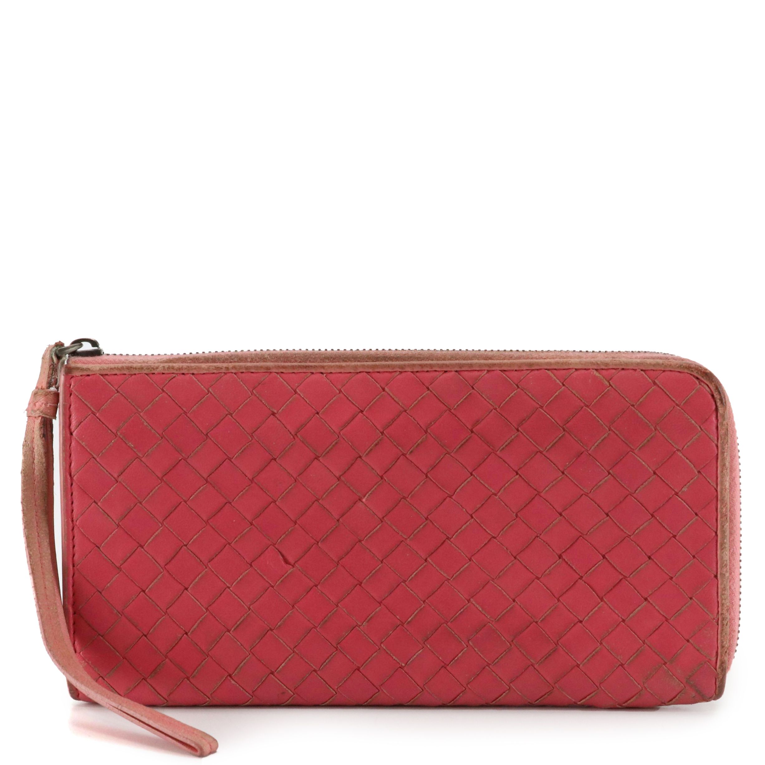 Bottega Veneta Zip-Around Wristlet Wallet in Pink Intrecciato Lambskin Leather
