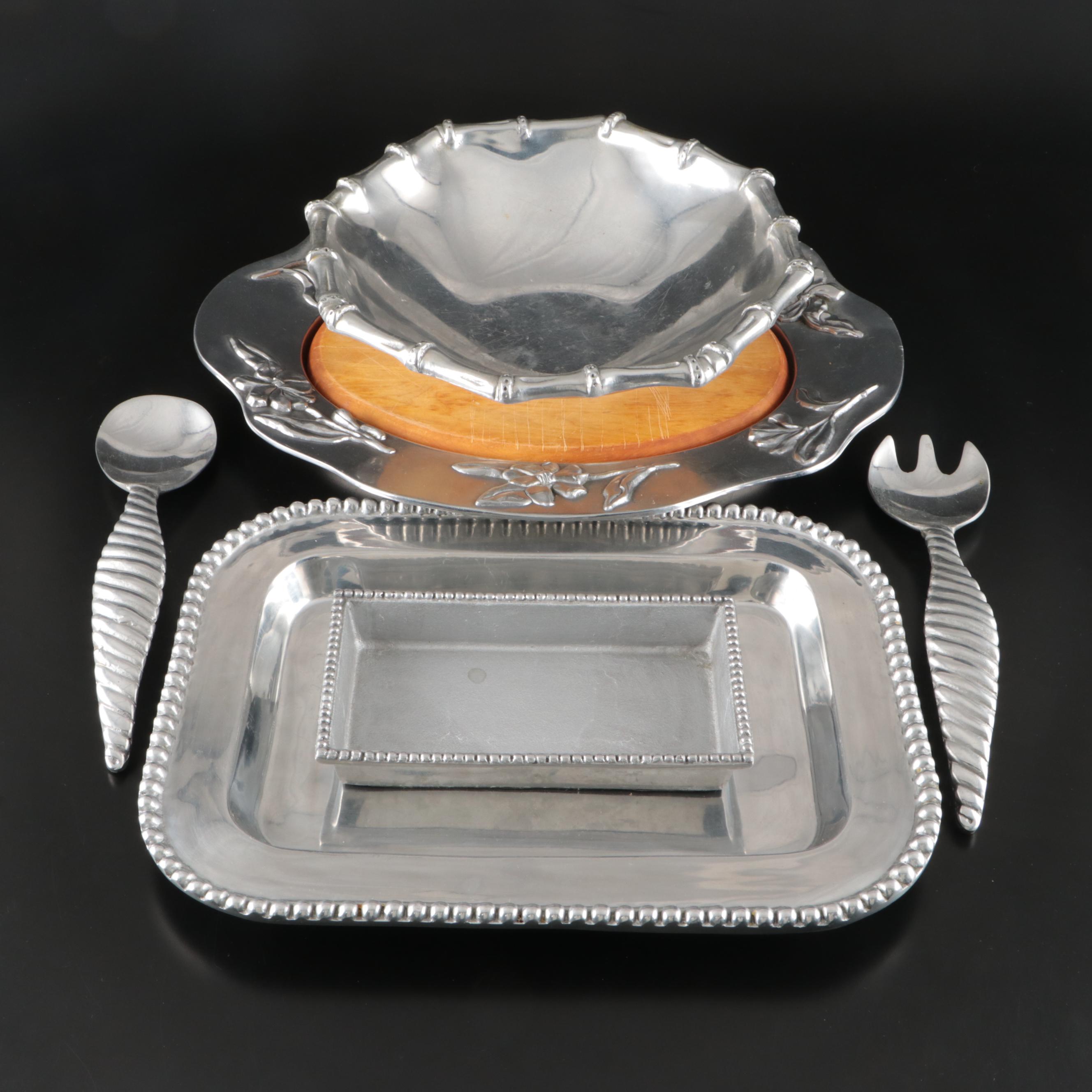 Mariposa Brillante Metal Serving Tray and Salad Tongs with Other Metal Serveware