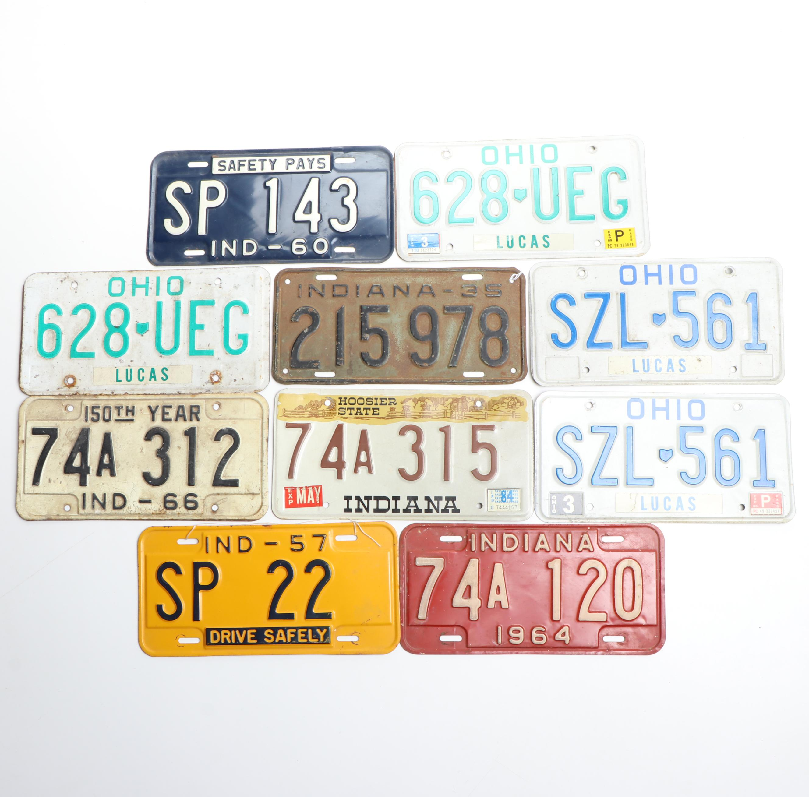 Indiana and Ohio Car License Plates, Mid to Late 20th Century