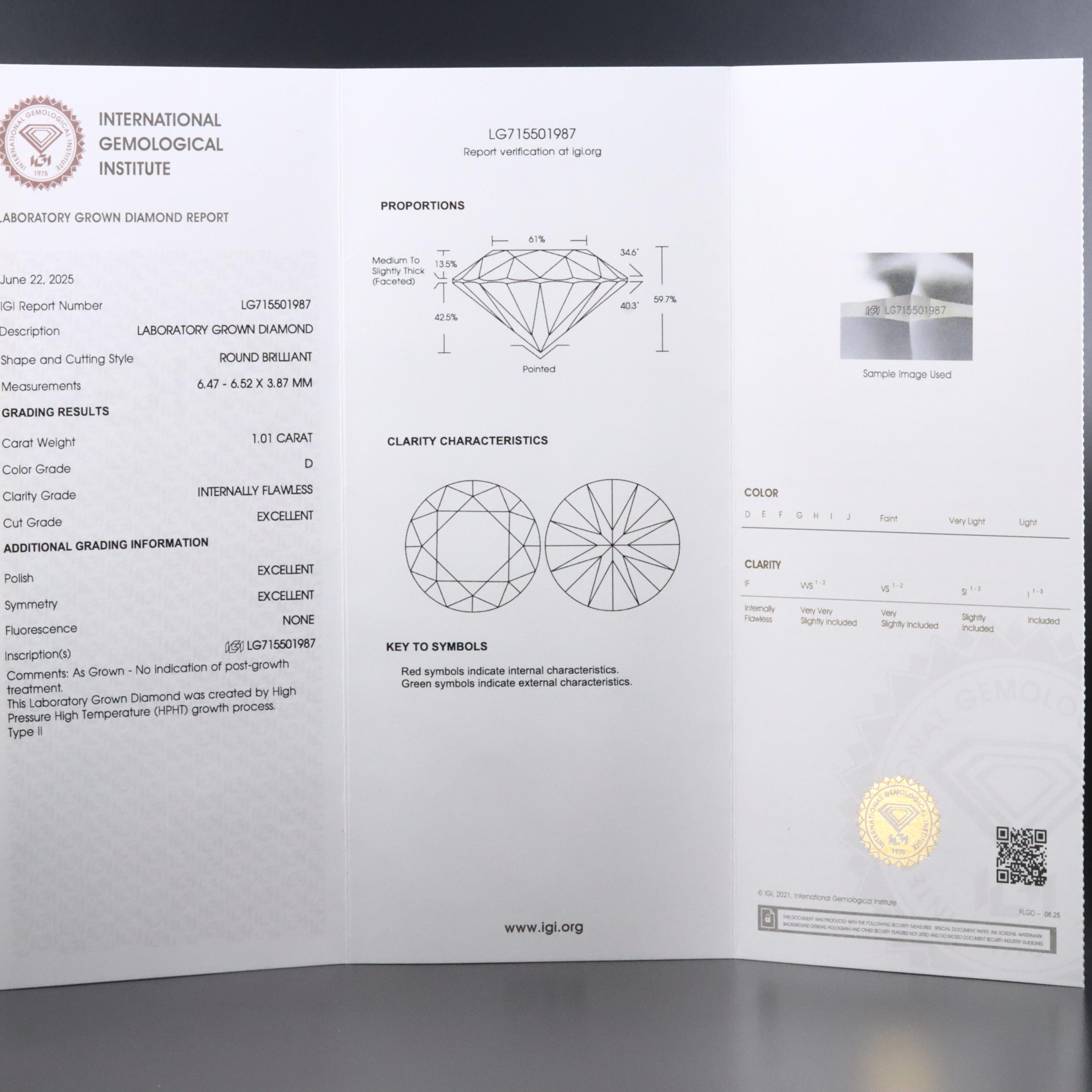Loose 1.01 CT Internally Flawless Lab Grown Diamond with IGI Report