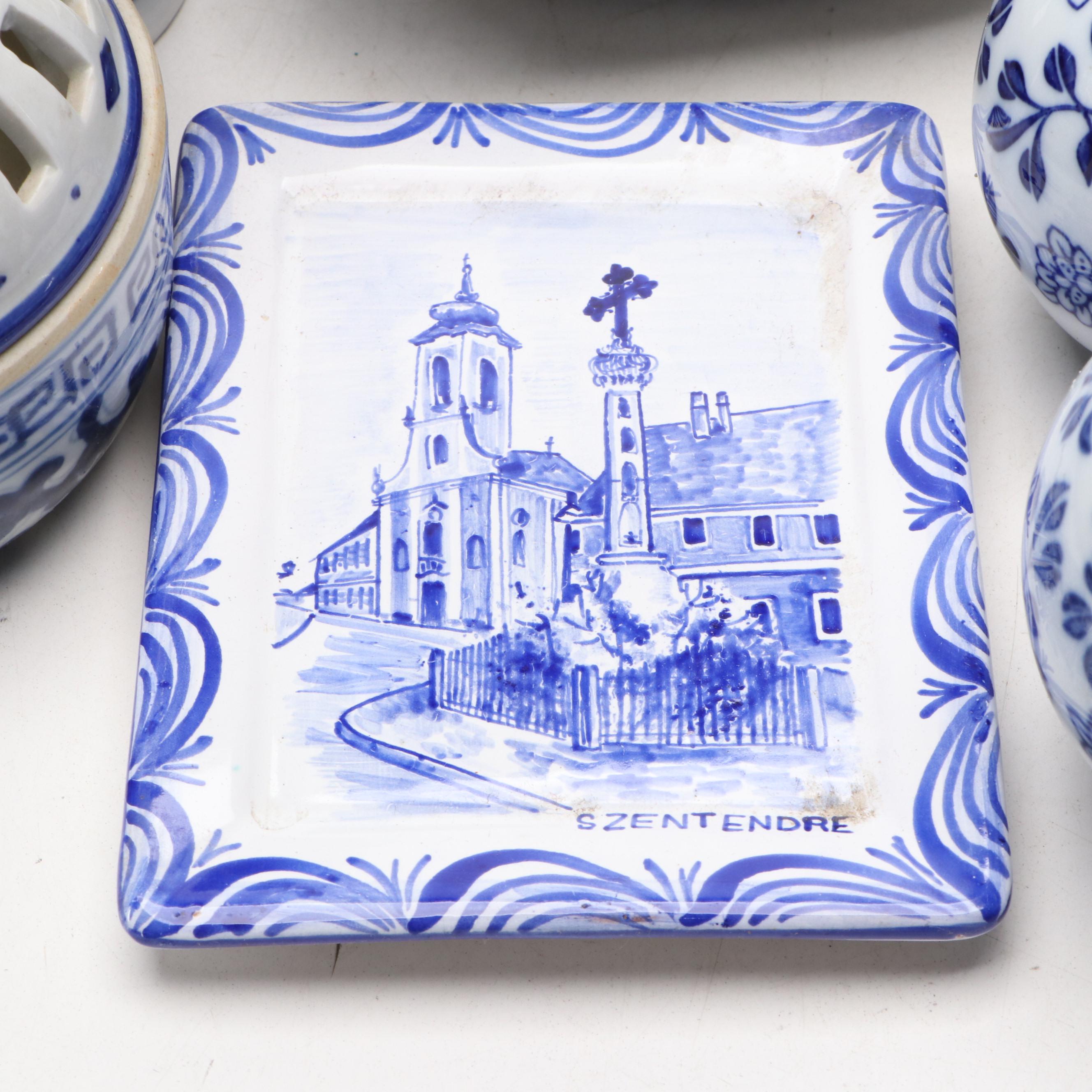 Russian Hand-Painted Porcelain Bowl with Other Blue and White Tableware