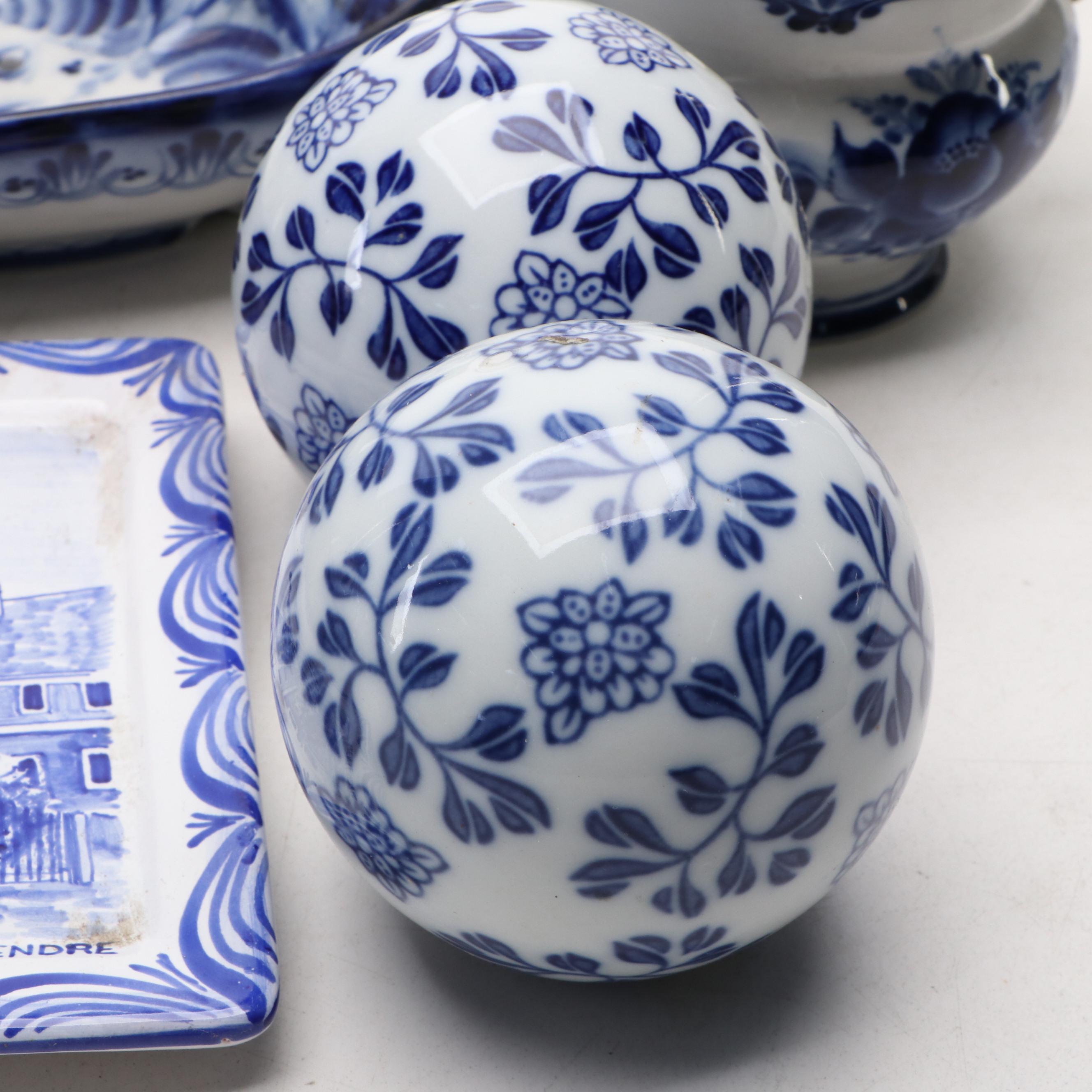 Russian Hand-Painted Porcelain Bowl with Other Blue and White Tableware