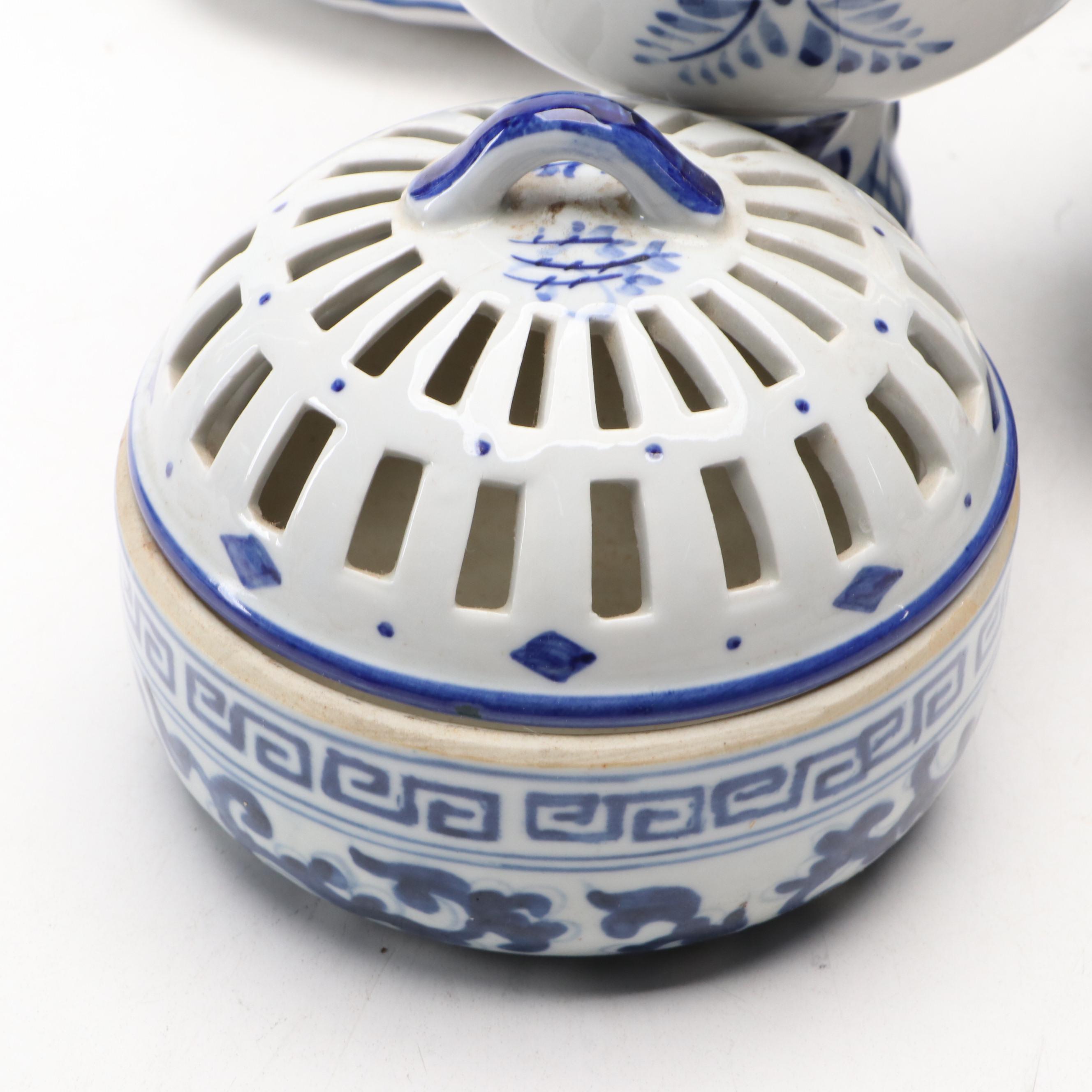 Russian Hand-Painted Porcelain Bowl with Other Blue and White Tableware