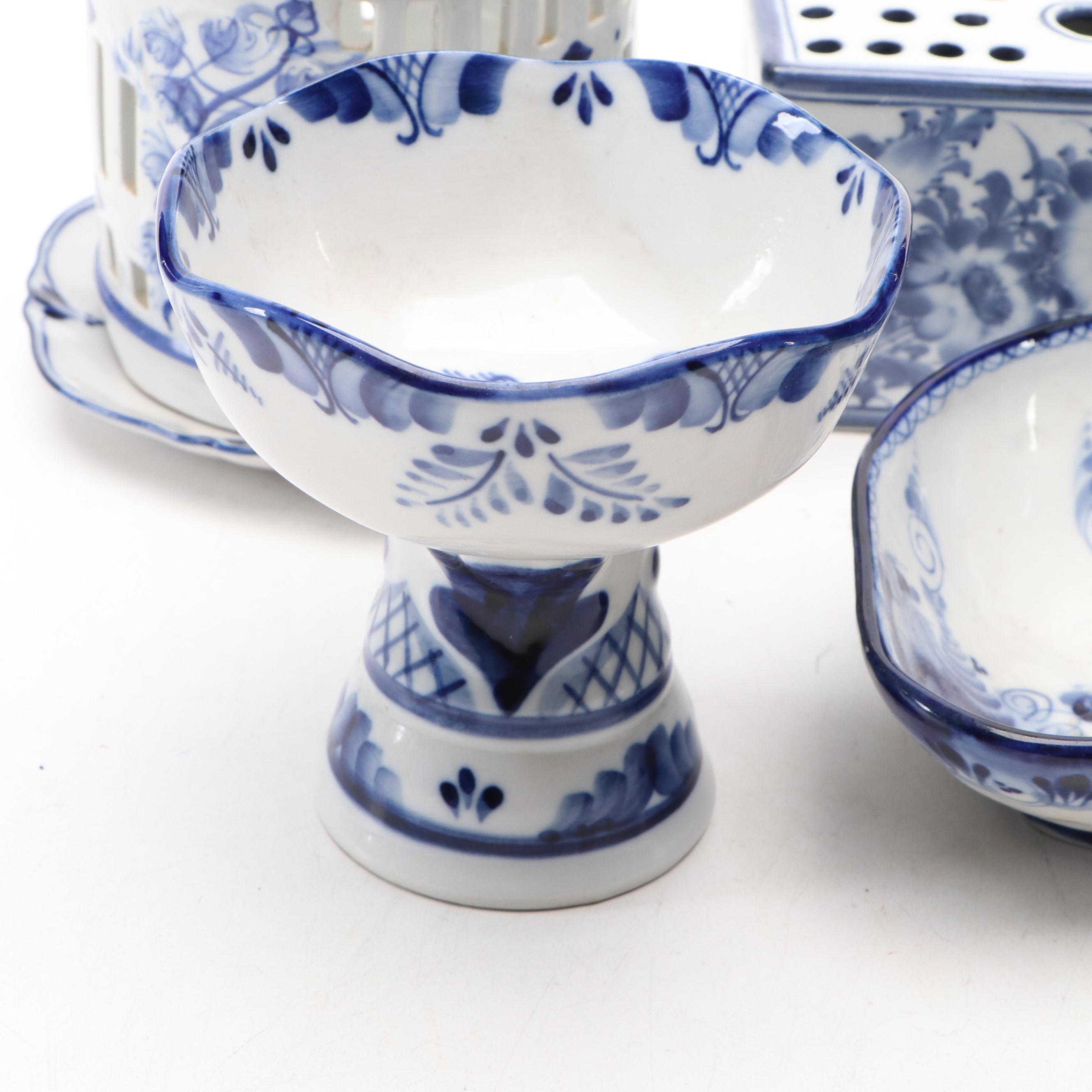 Russian Hand-Painted Porcelain Bowl with Other Blue and White Tableware