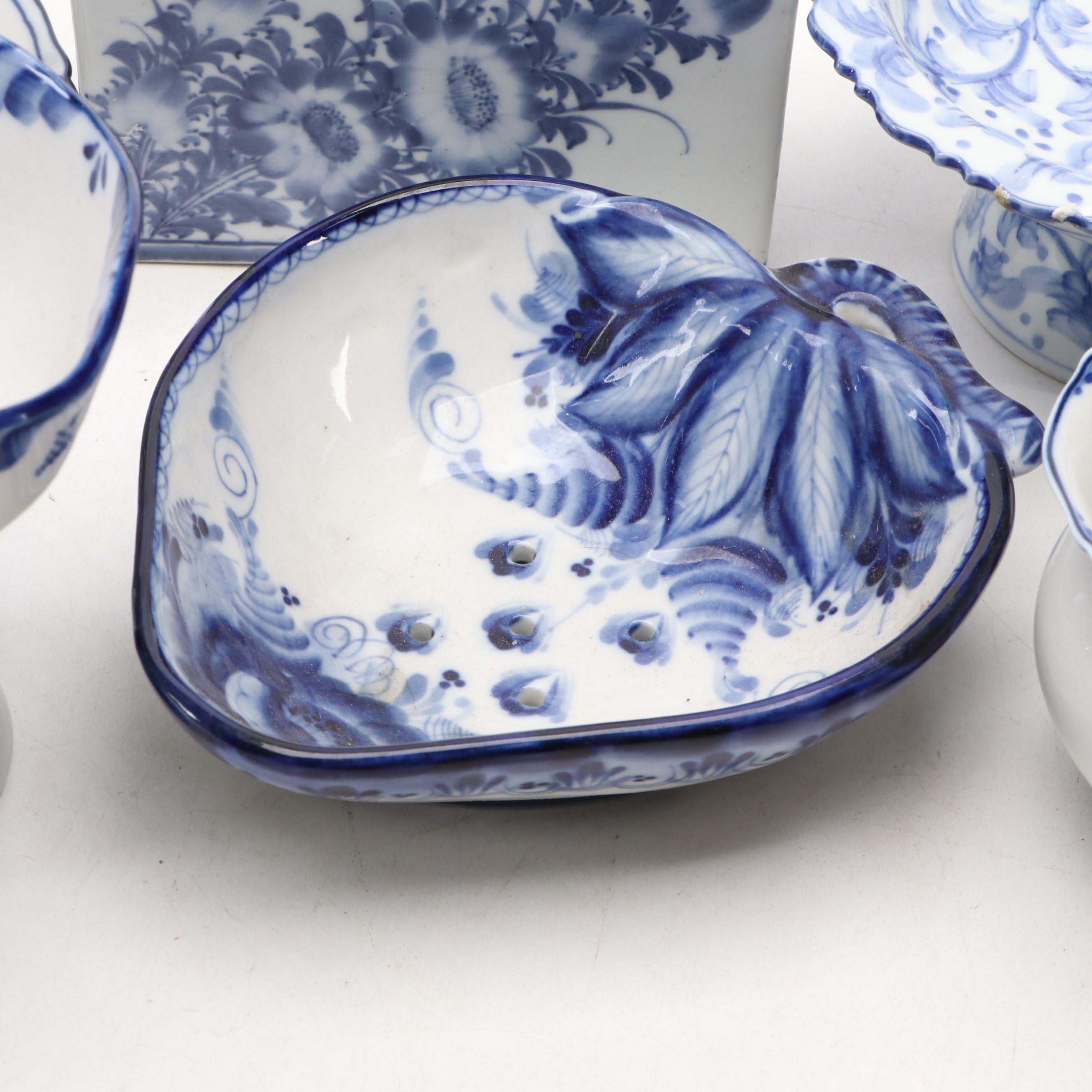Russian Hand-Painted Porcelain Bowl with Other Blue and White Tableware