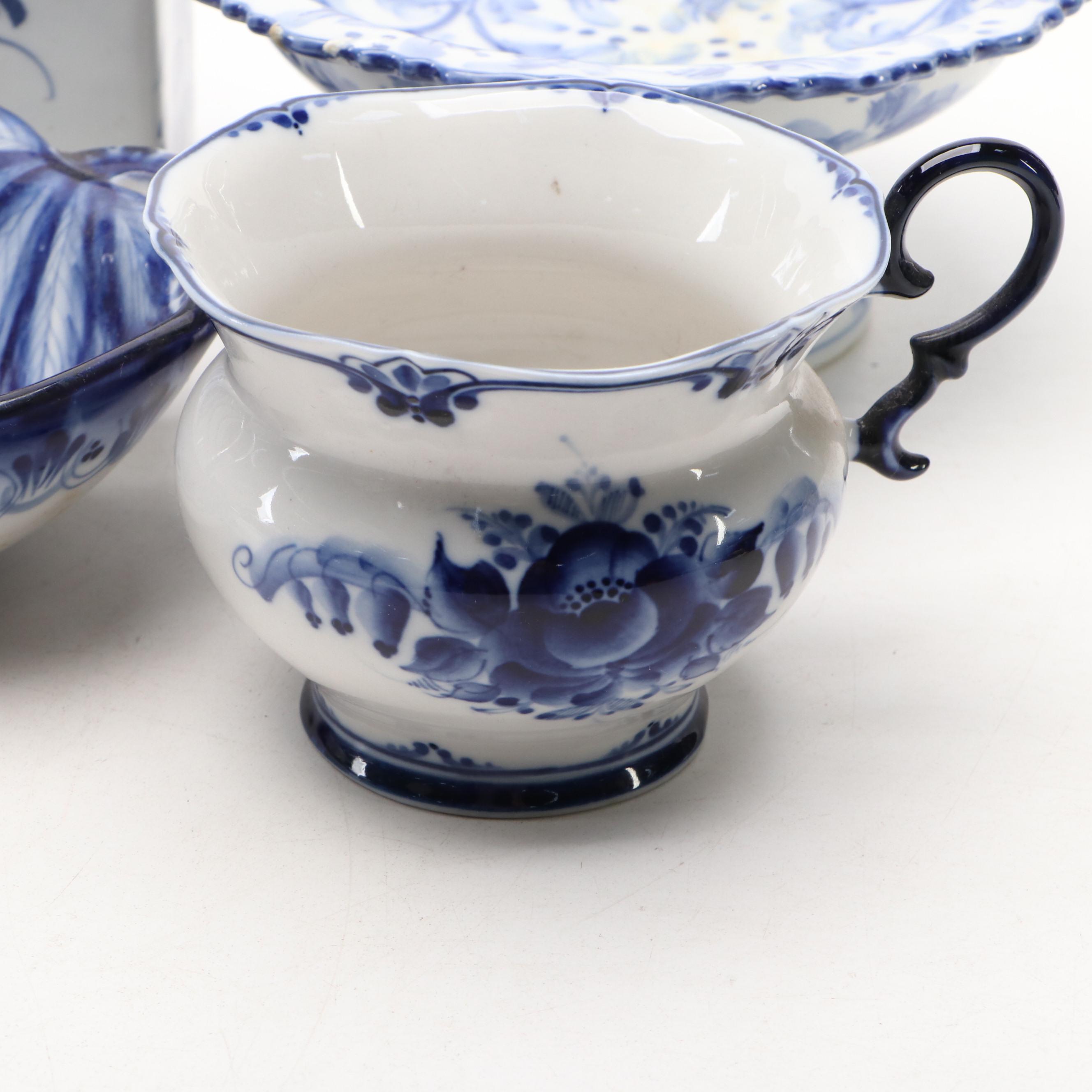 Russian Hand-Painted Porcelain Bowl with Other Blue and White Tableware