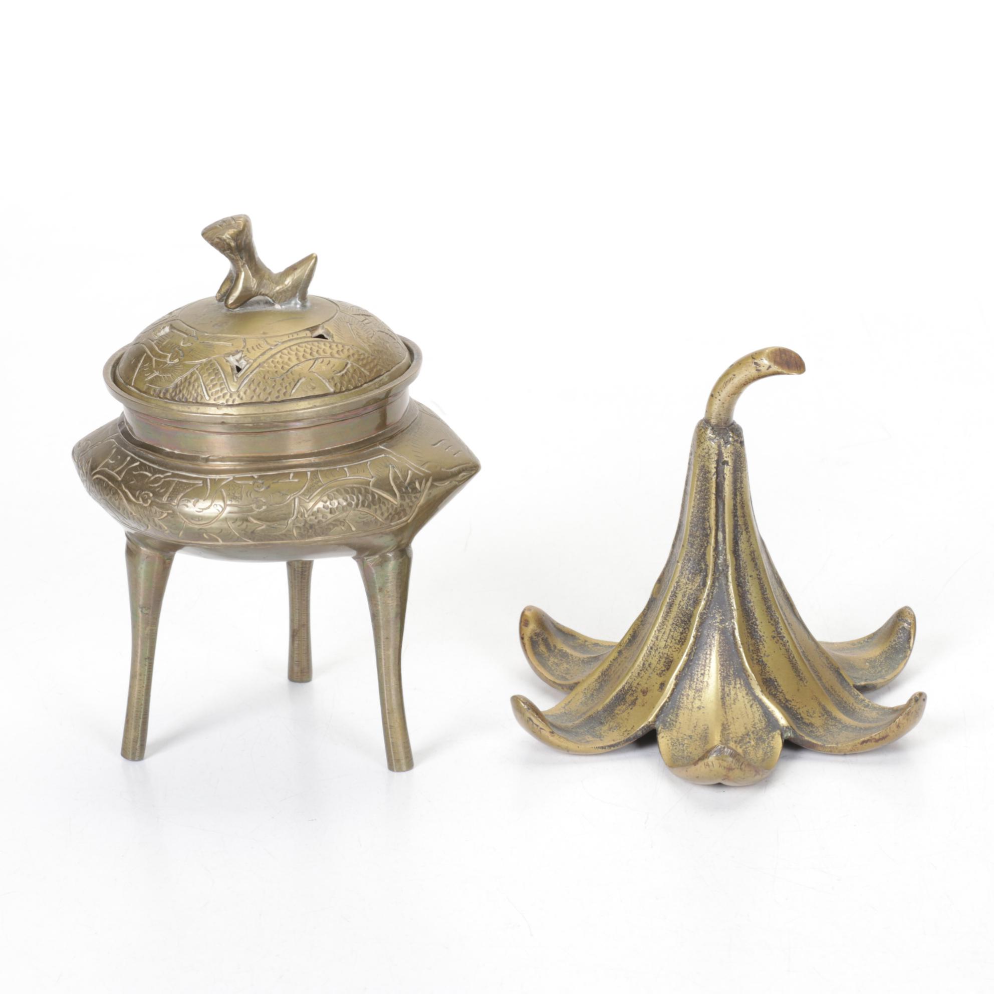Chinese Brass Censer with Figural Brass Lily Bell