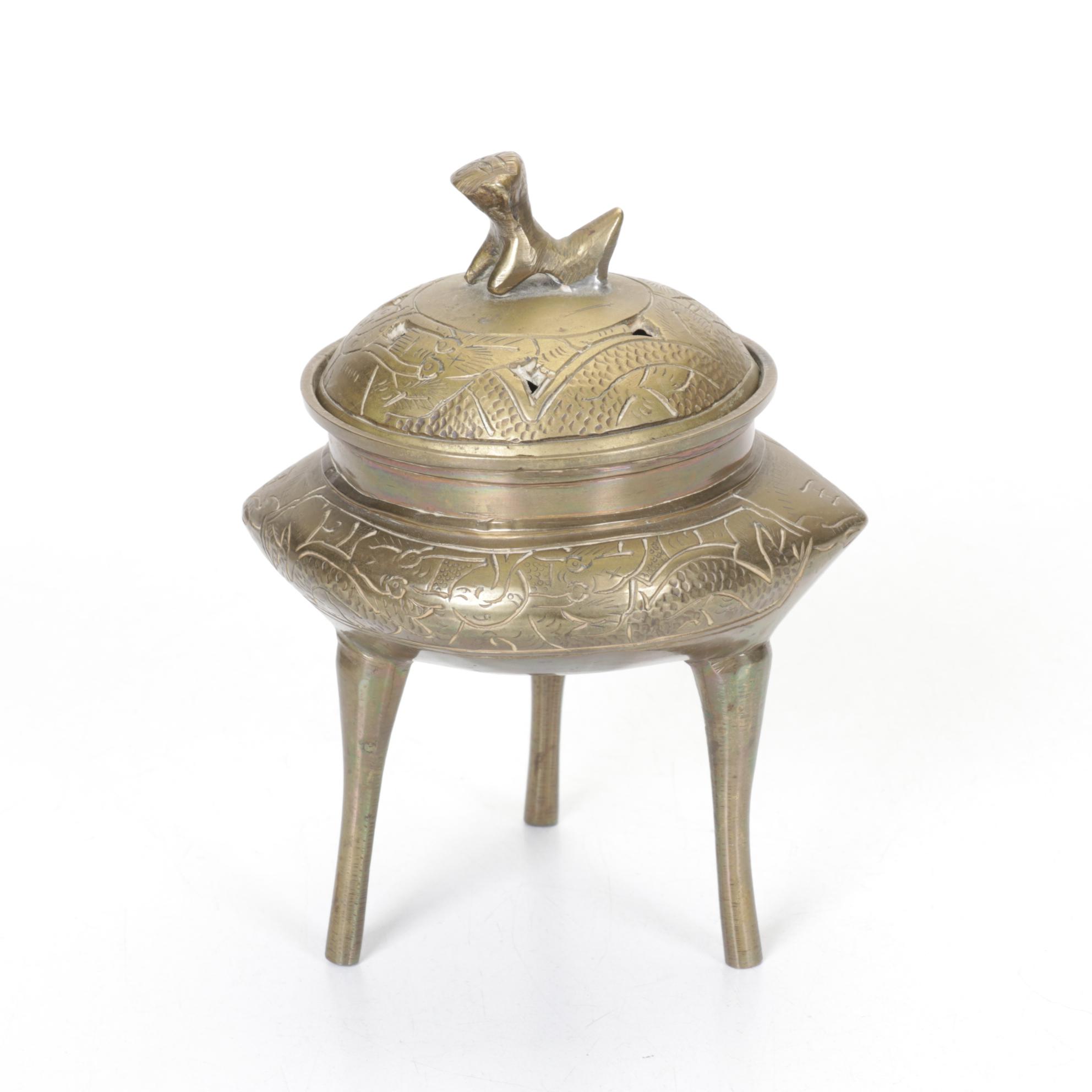 Chinese Brass Censer with Figural Brass Lily Bell