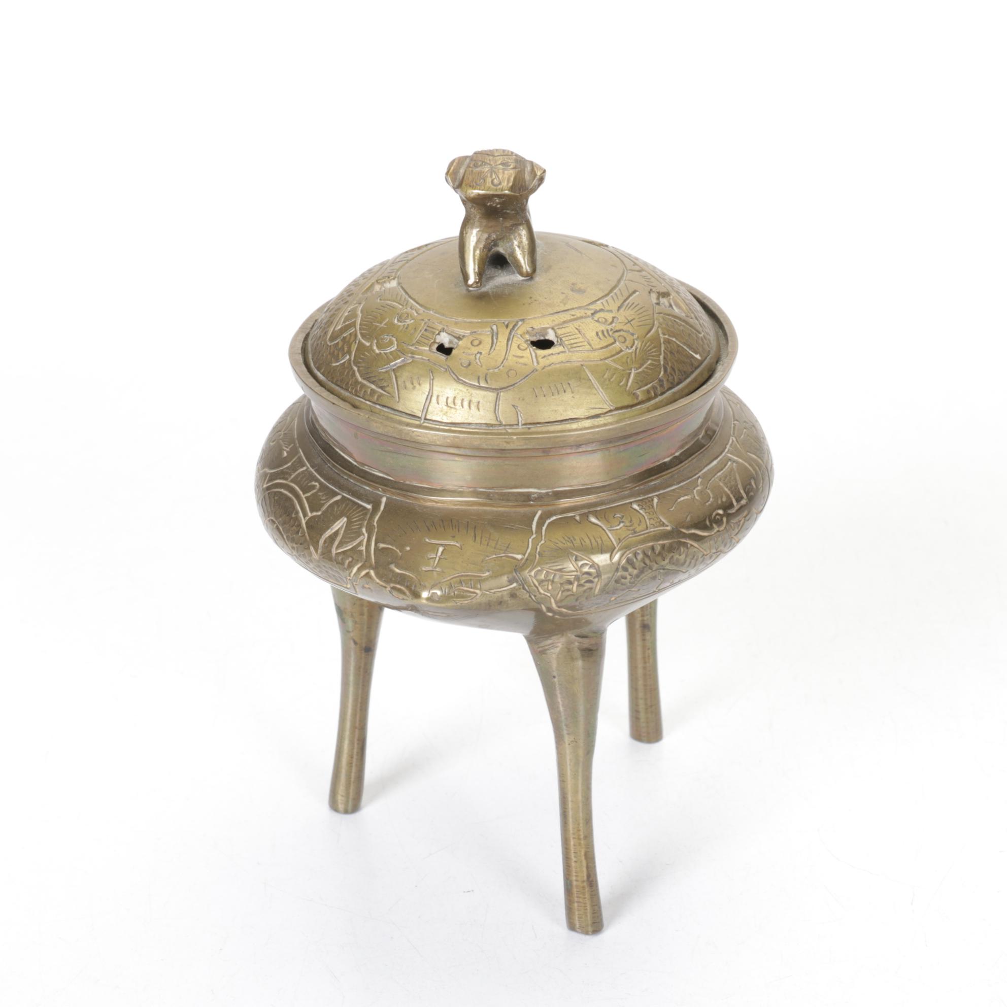 Chinese Brass Censer with Figural Brass Lily Bell