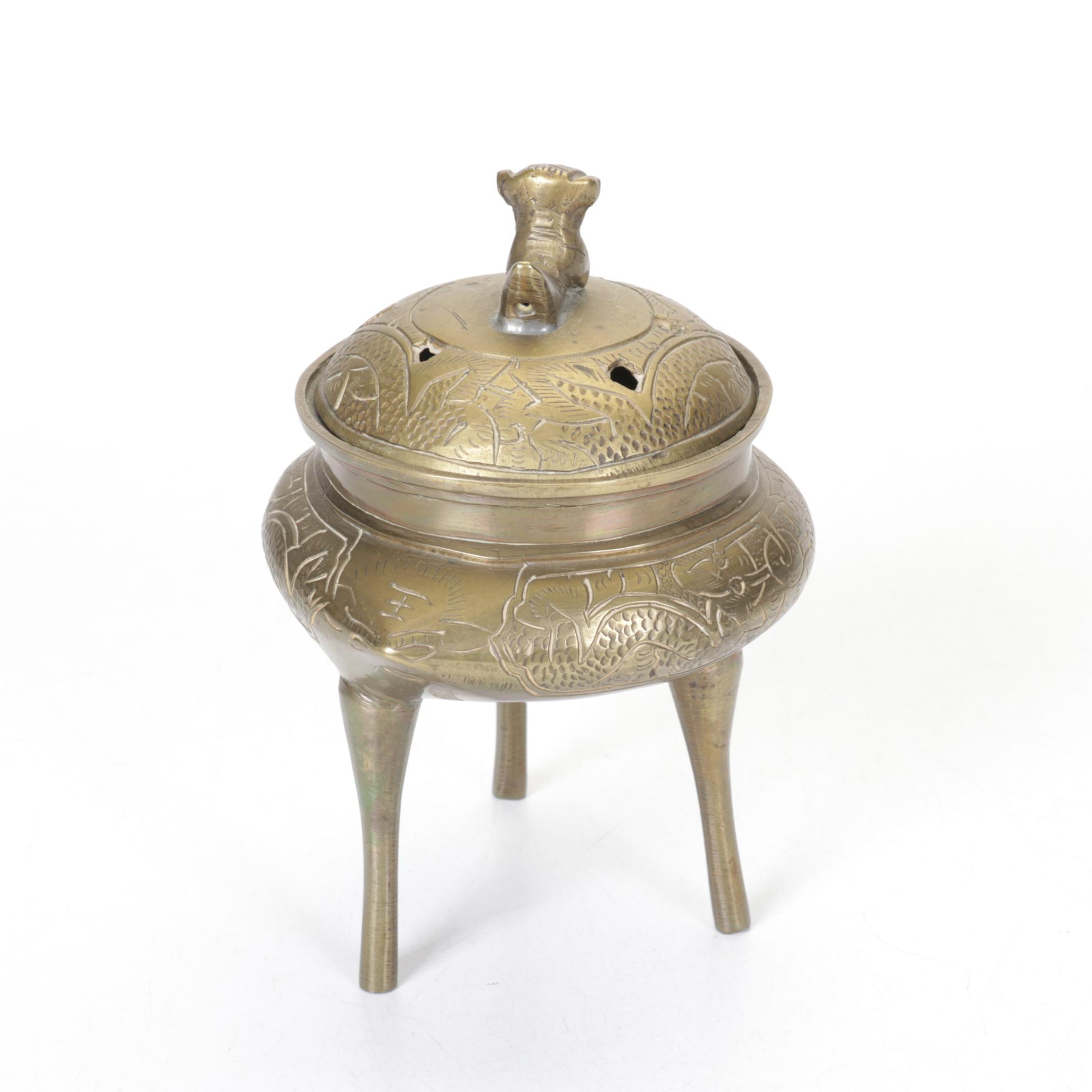 Chinese Brass Censer with Figural Brass Lily Bell