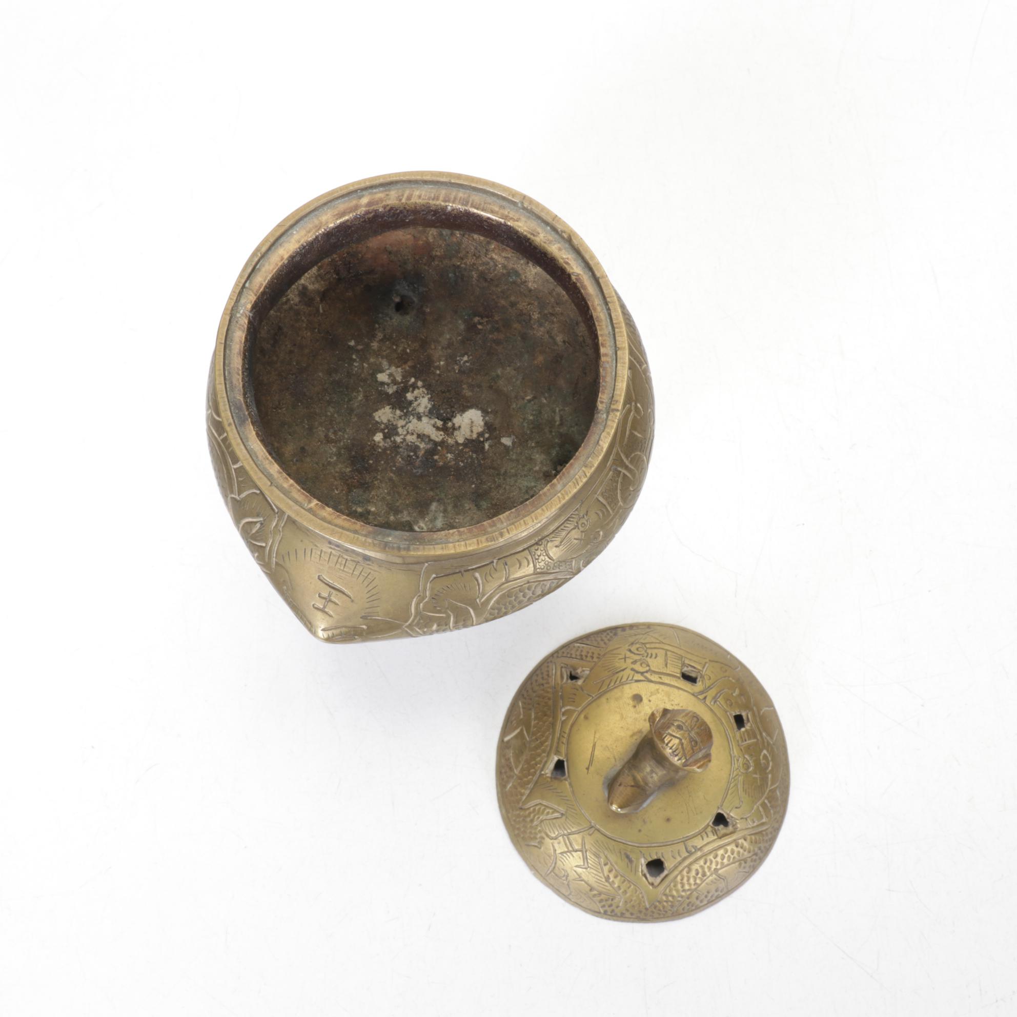 Chinese Brass Censer with Figural Brass Lily Bell