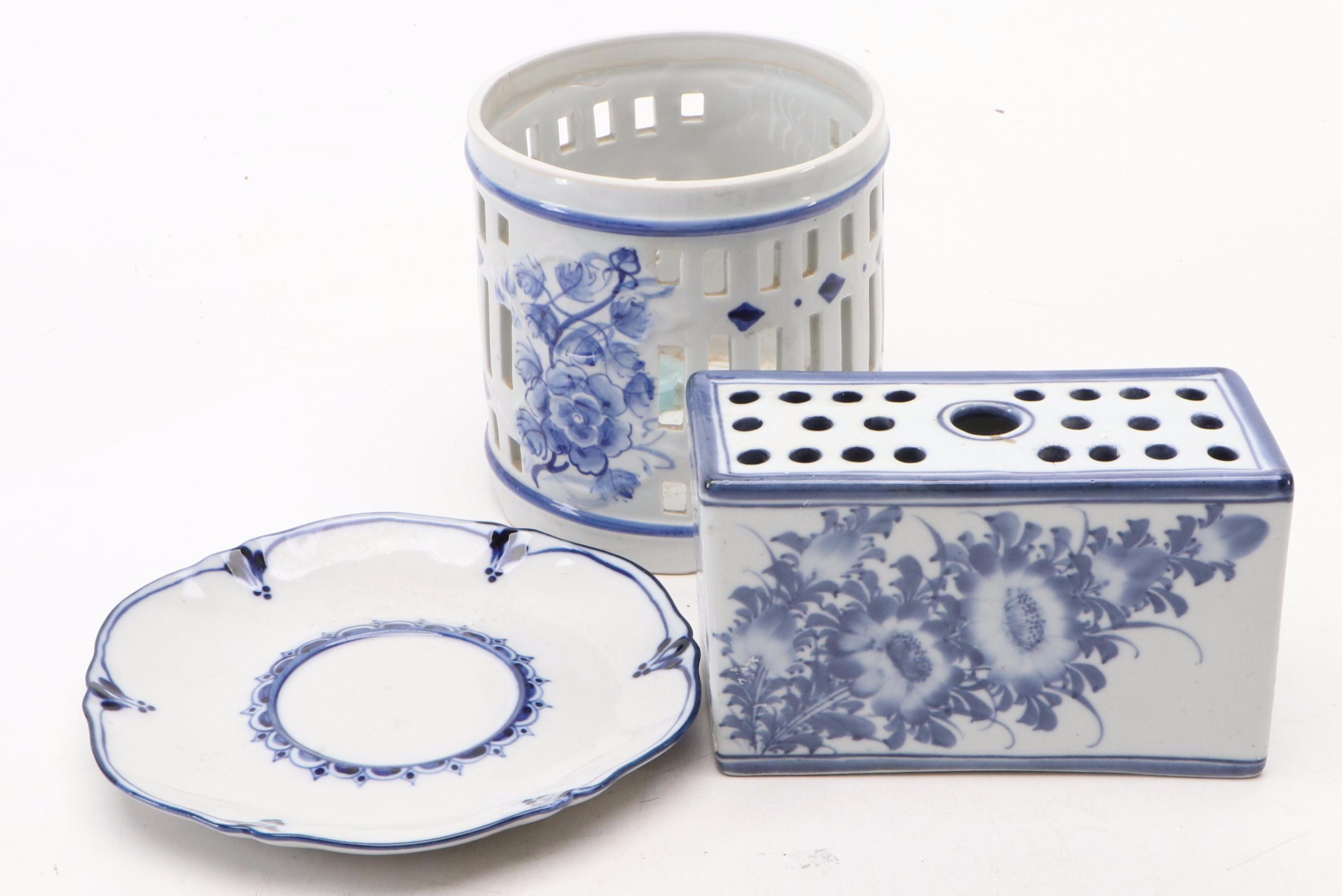 Russian Hand-Painted Porcelain Bowl with Other Blue and White Tableware
