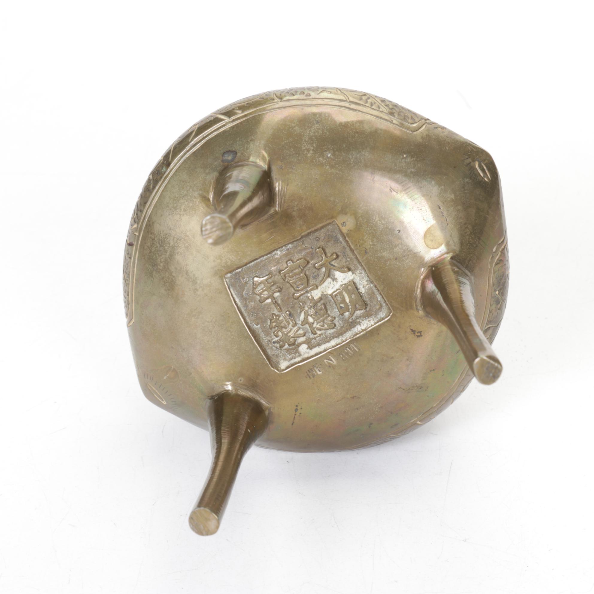 Chinese Brass Censer with Figural Brass Lily Bell