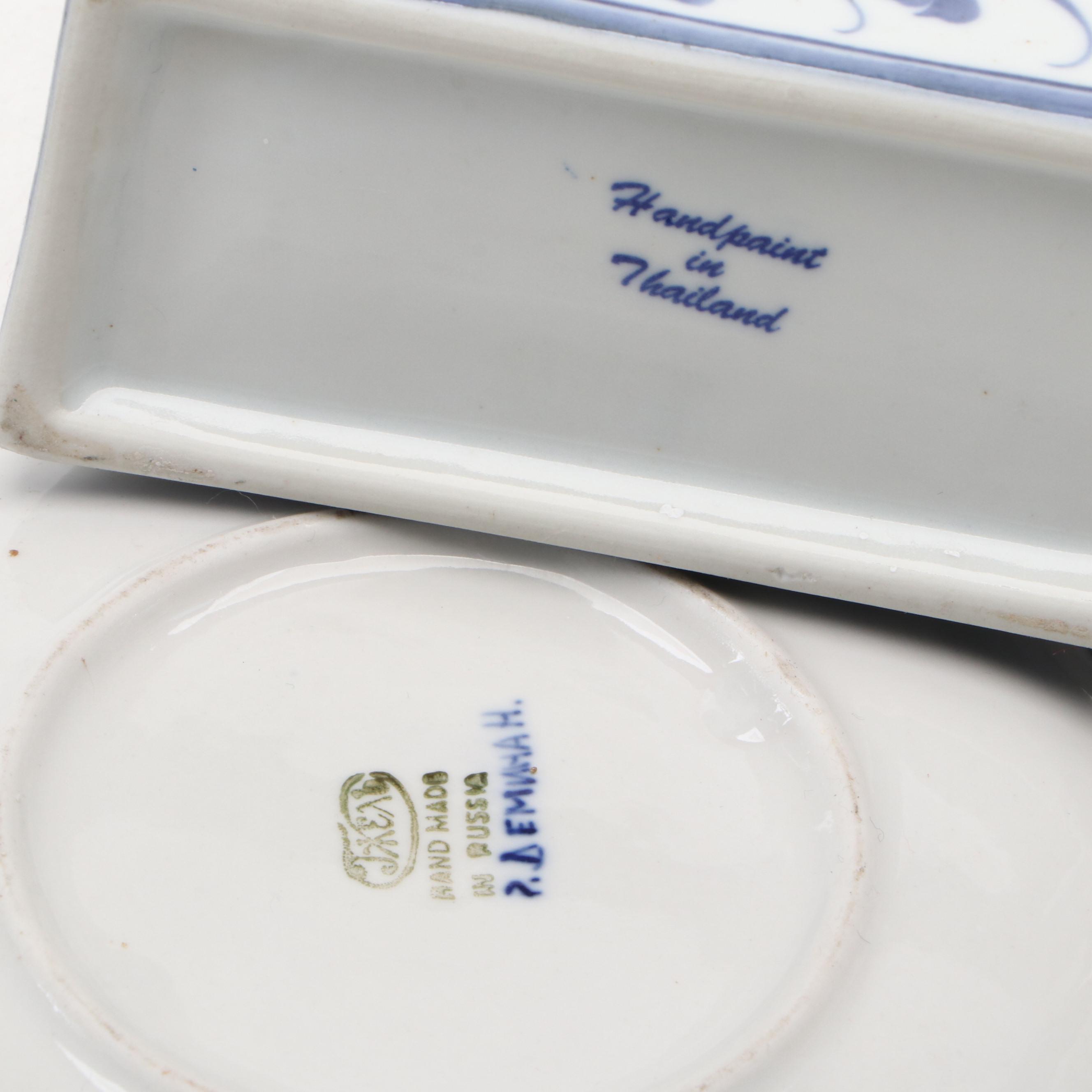 Russian Hand-Painted Porcelain Bowl with Other Blue and White Tableware