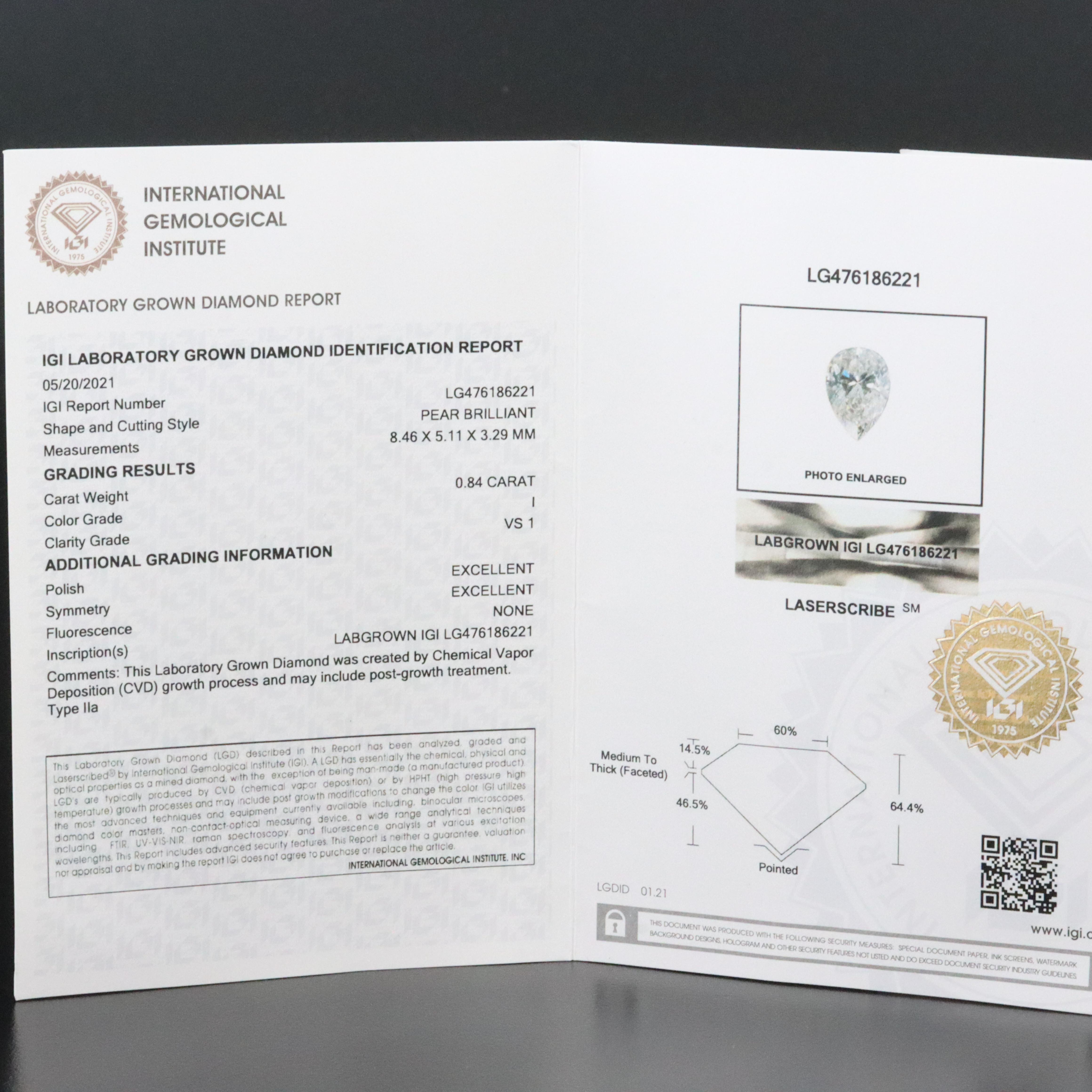 Loose 0.84 CTW Lab Grown Diamond with IGI Report