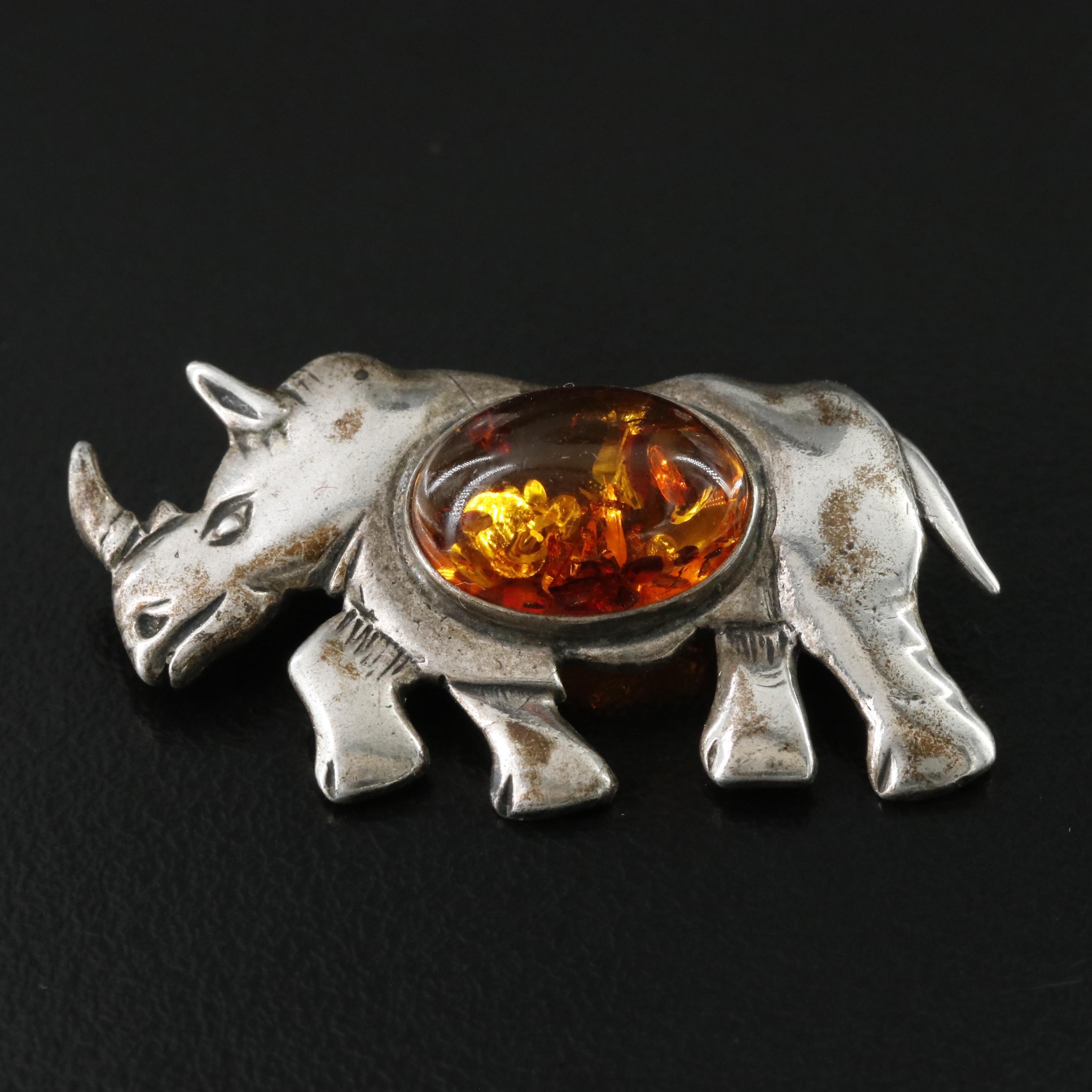 Sterling Amber Rhinoceros Pin