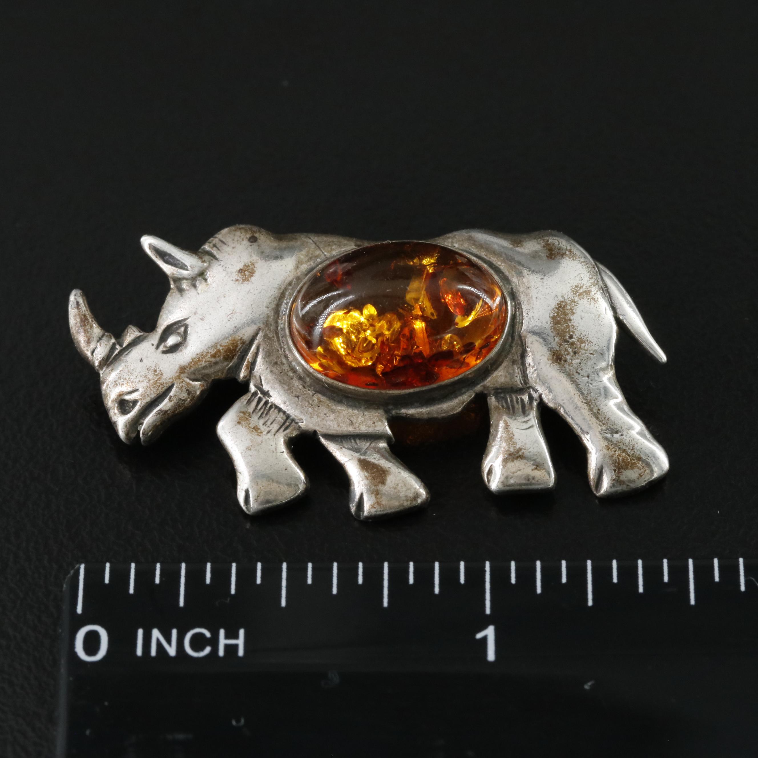 Sterling Amber Rhinoceros Pin