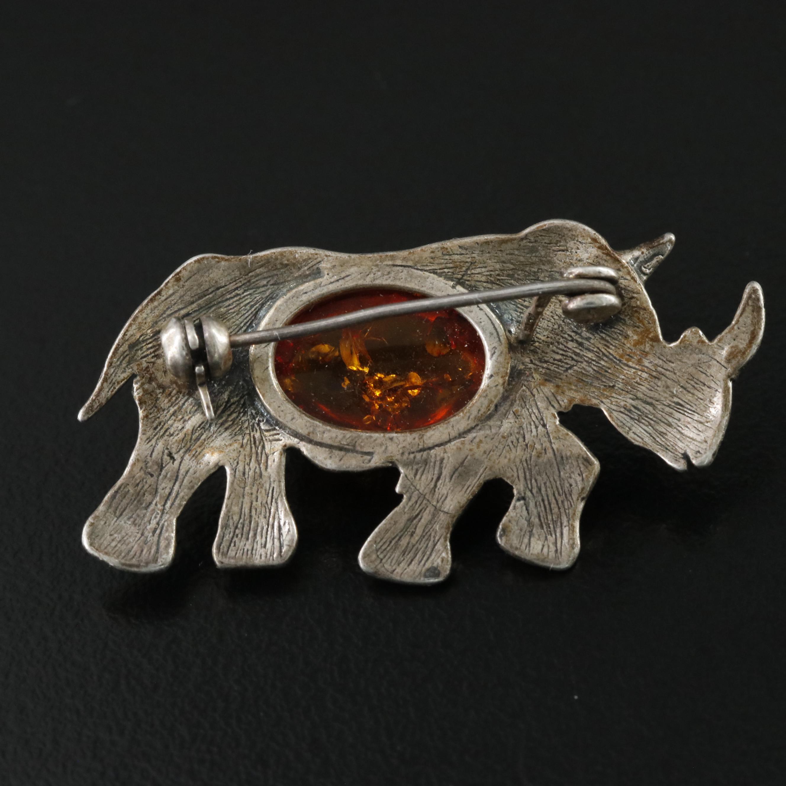 Sterling Amber Rhinoceros Pin