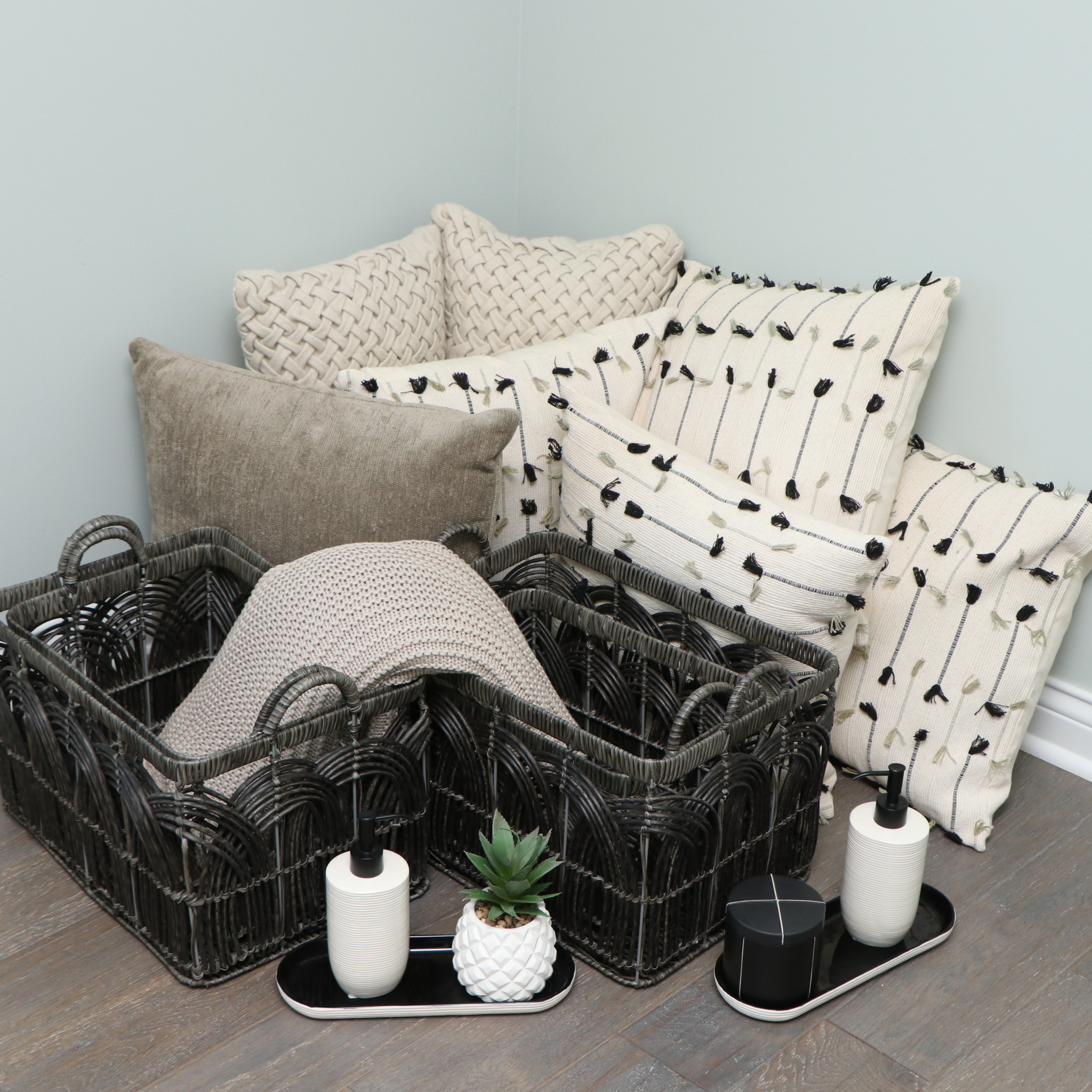 Safavieh Cotton Throw, Surya Accent Pillows, Baskets and Bathroom Accessories