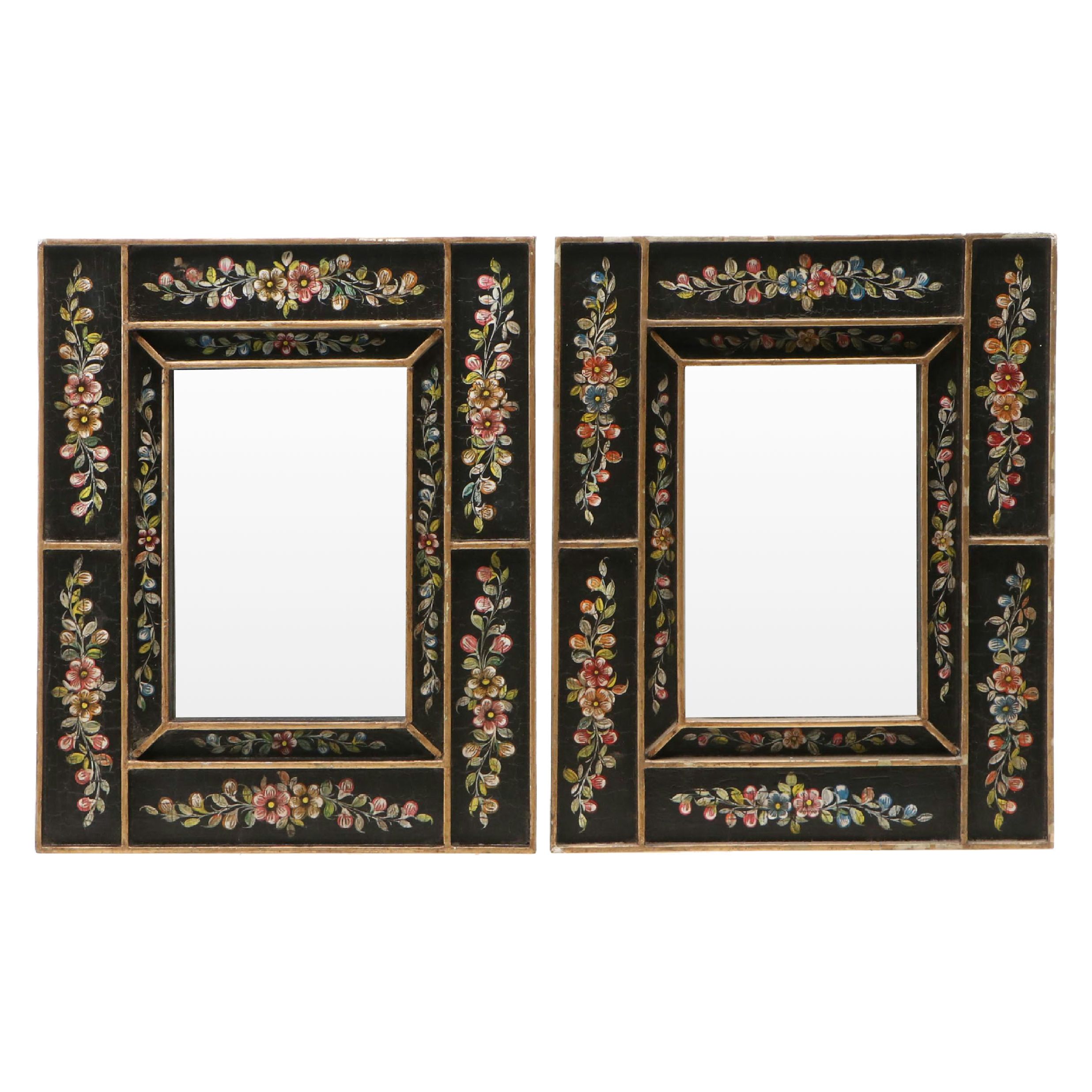 Pair of French Style Hand-Painted Floral Rectangular Mirrors