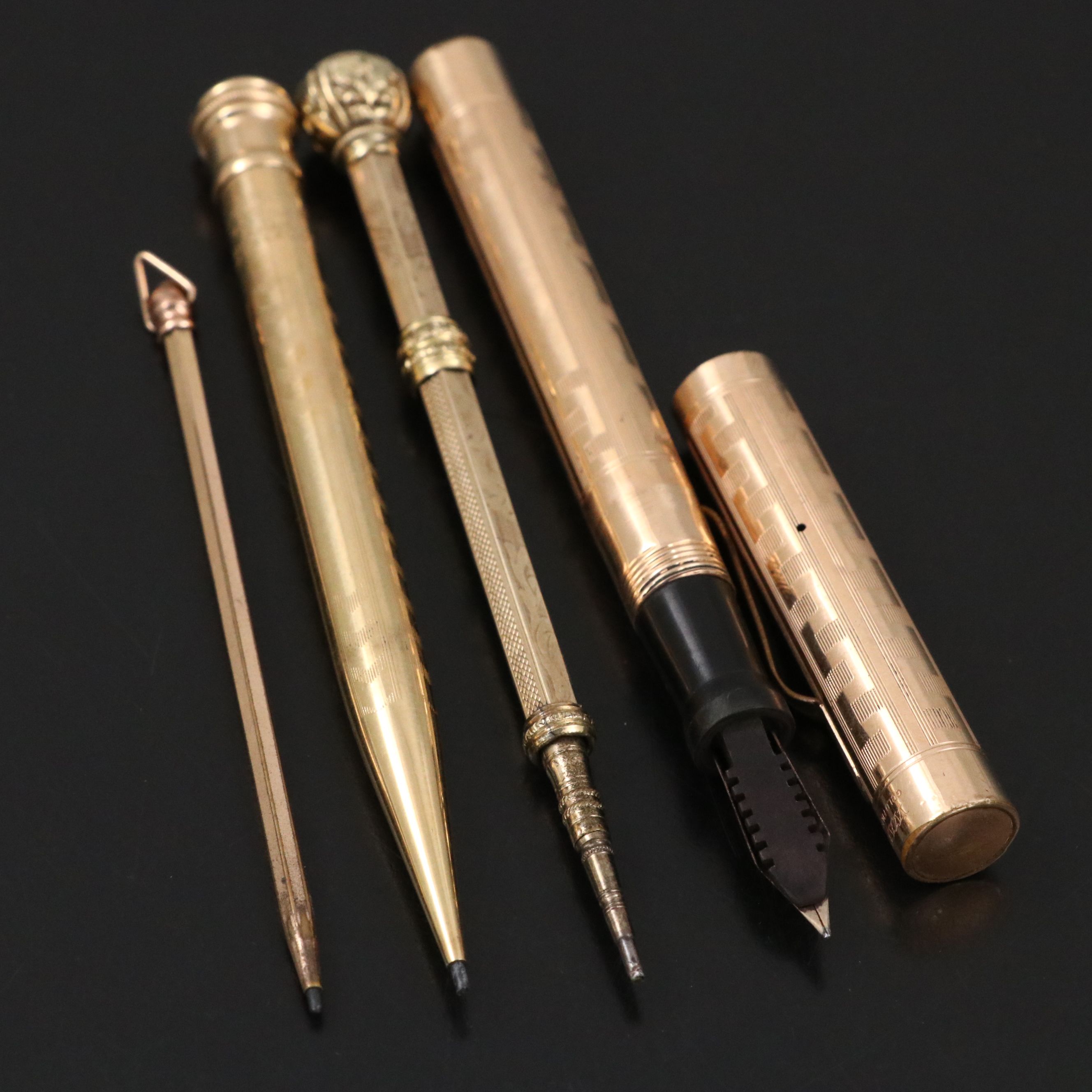 John Holland Gold Filled Fountain Pen with Other Gold Plate Mechanical Pencils