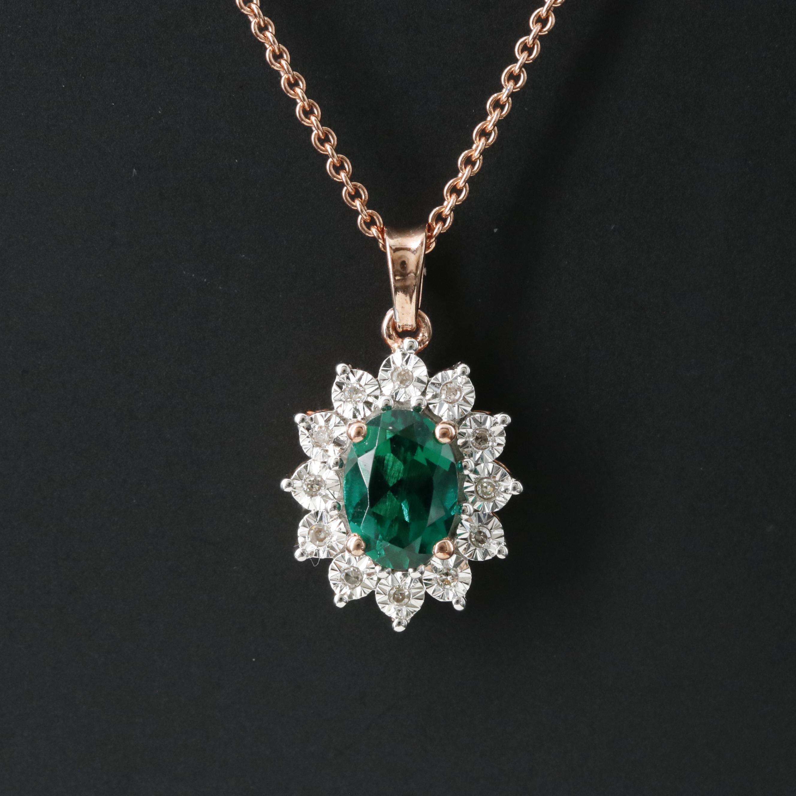 Sterling Emerald and Diamond Pendant Necklace in Rose Tone
