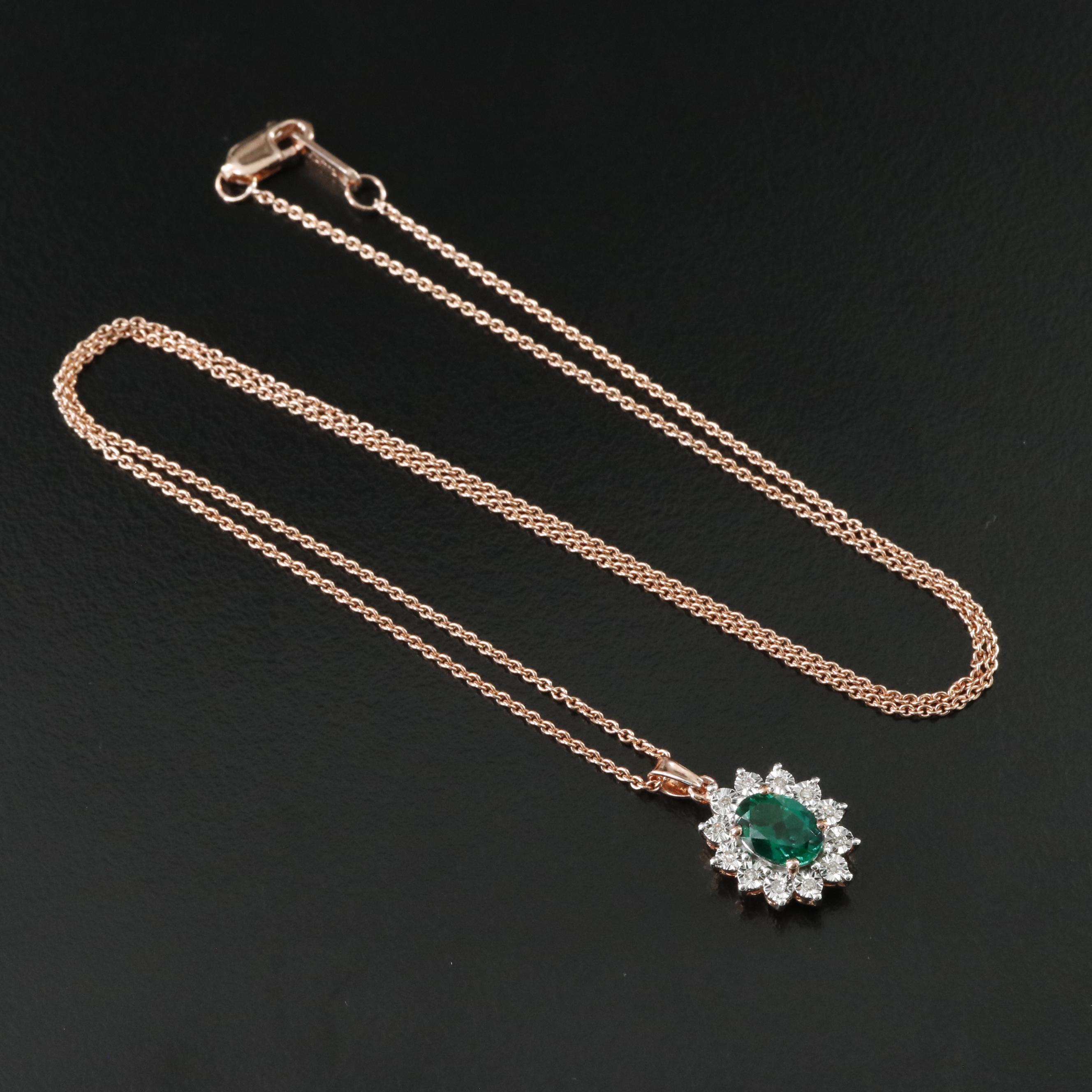 Sterling Emerald and Diamond Pendant Necklace in Rose Tone