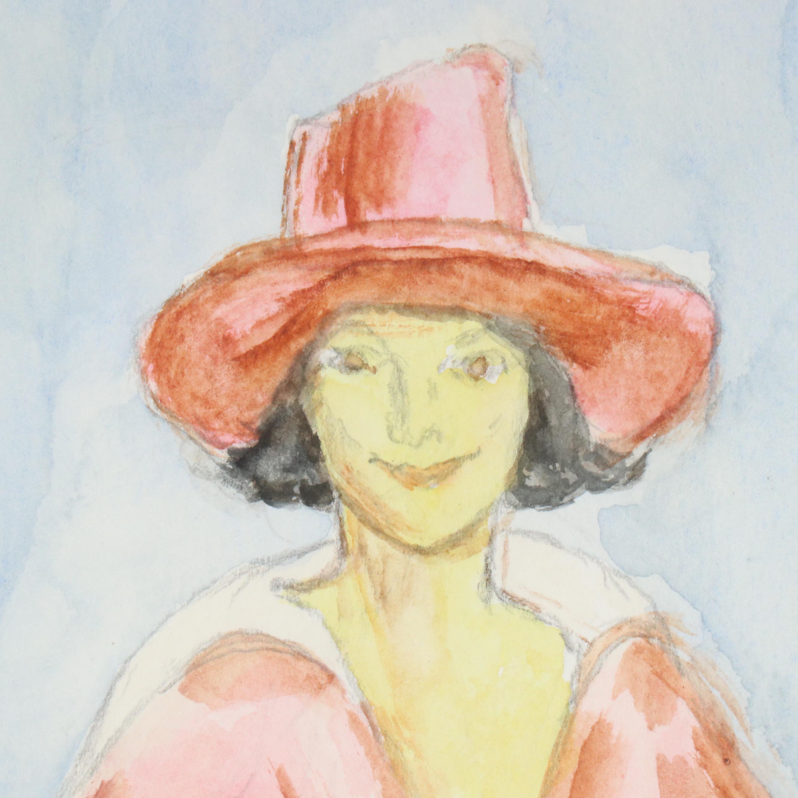 Watercolor Painting of Woman Wearing Red Coat and Hat