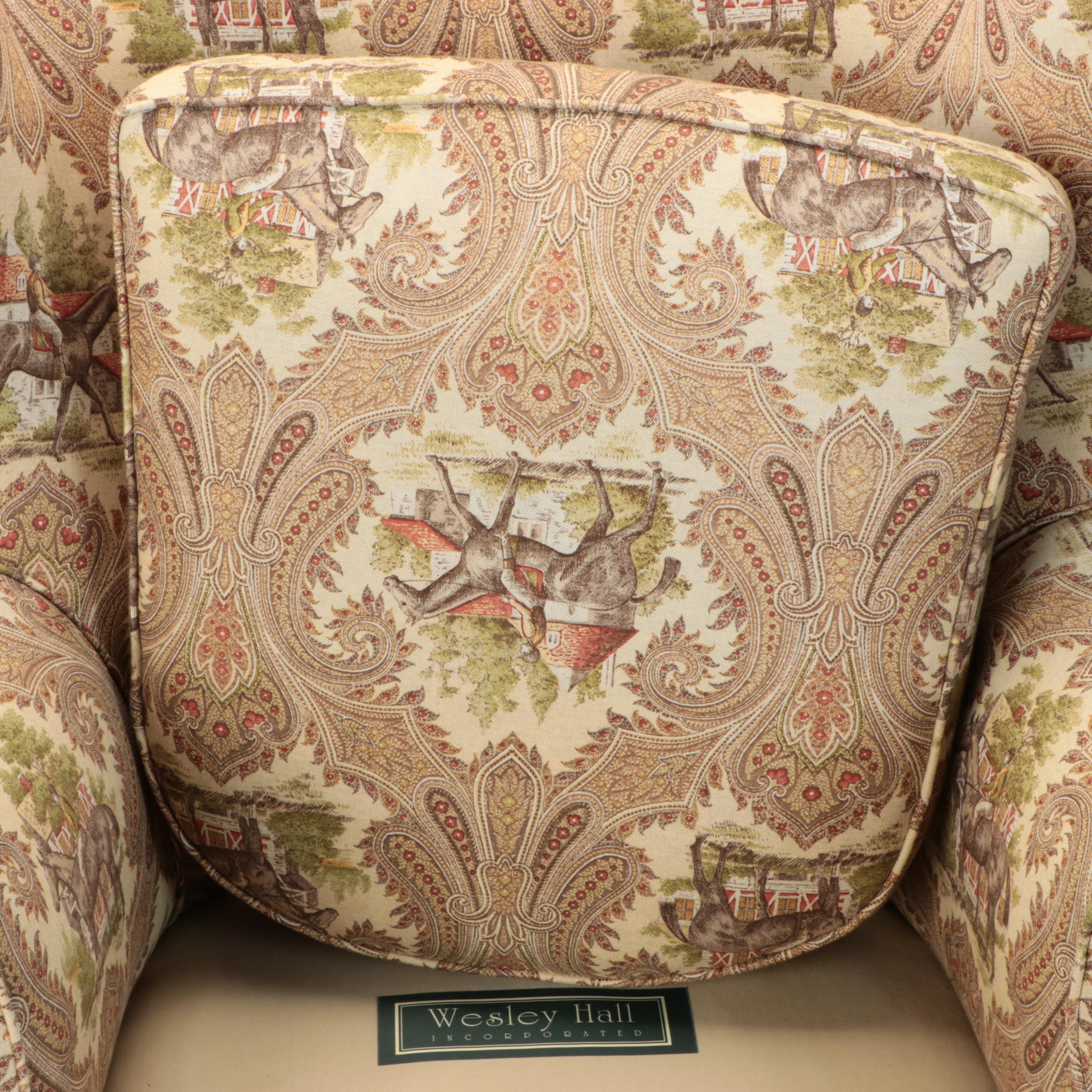 Wesley Hall Wingback Armchair in Equestrian Upholstery with Ottoman