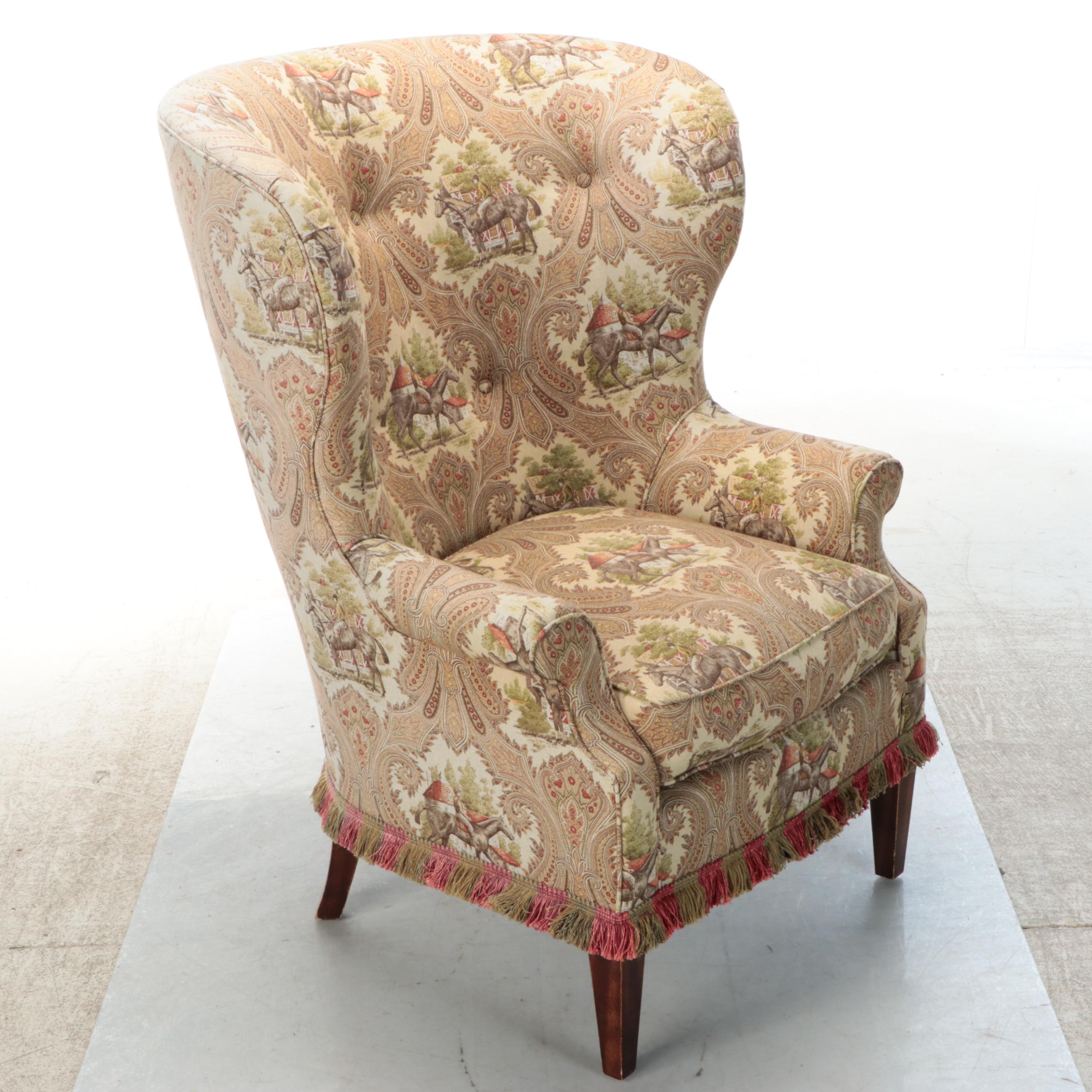 Wesley Hall Wingback Armchair in Equestrian Upholstery with Ottoman