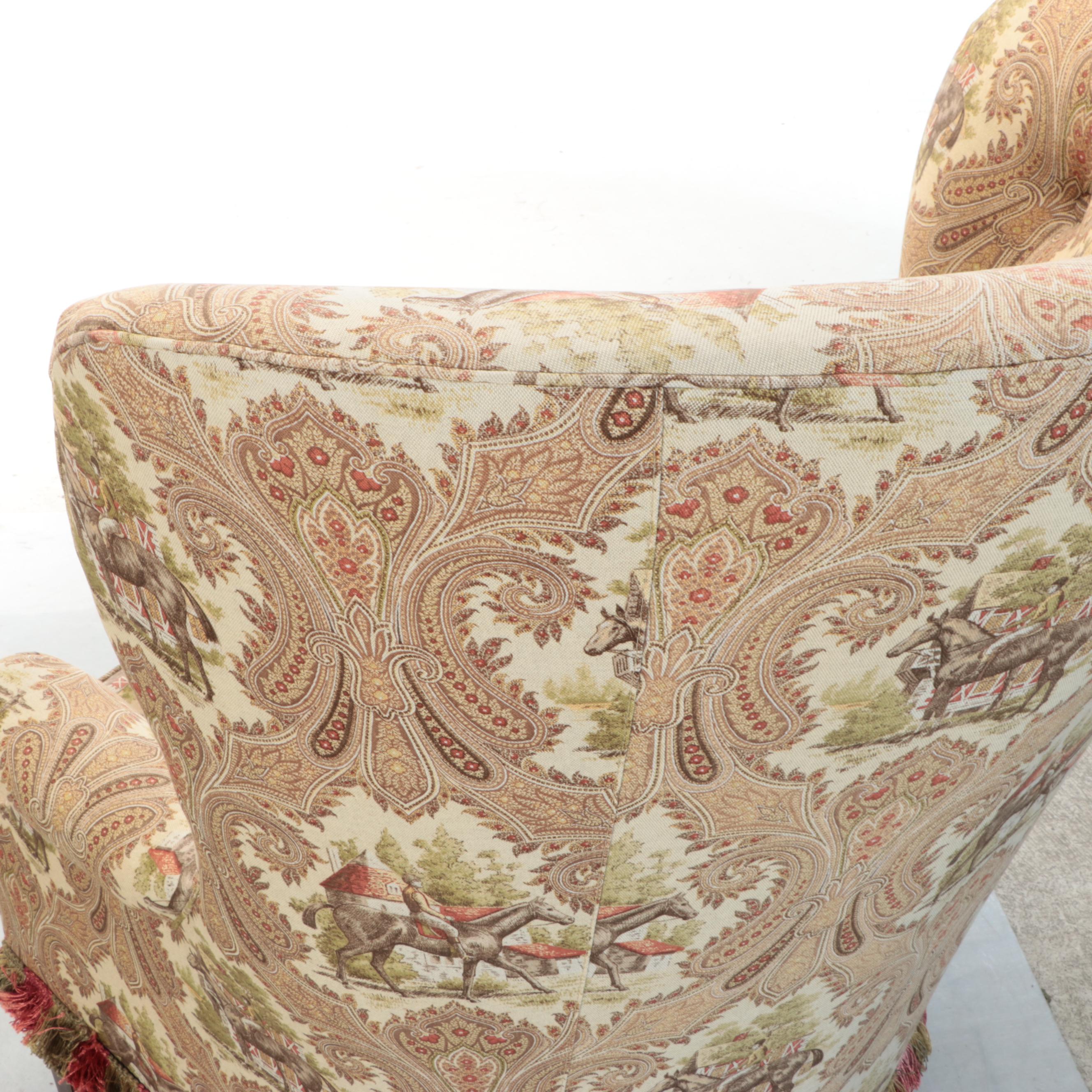 Wesley Hall Wingback Armchair in Equestrian Upholstery with Ottoman