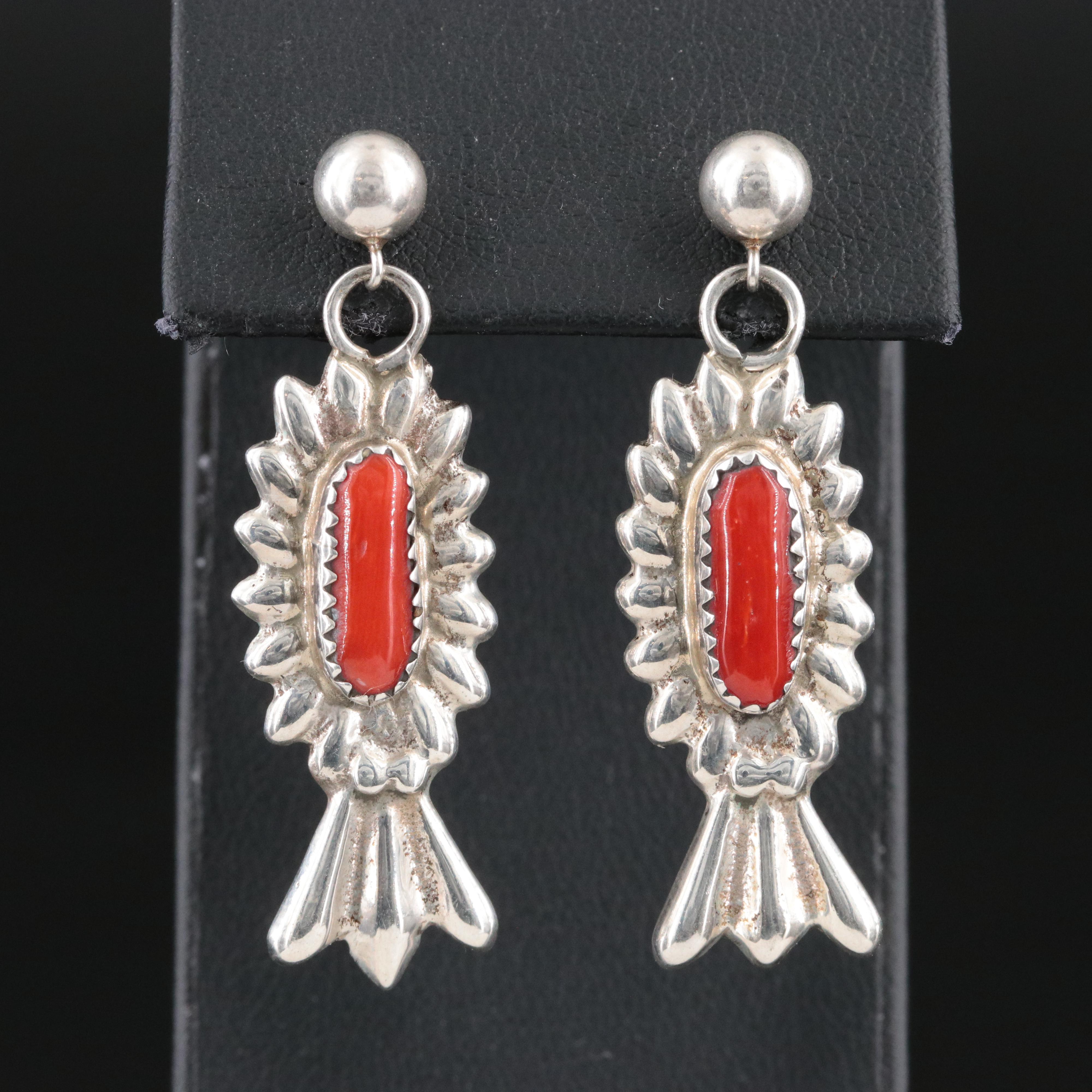 Vintage Sterling and Coral Drop Earrings