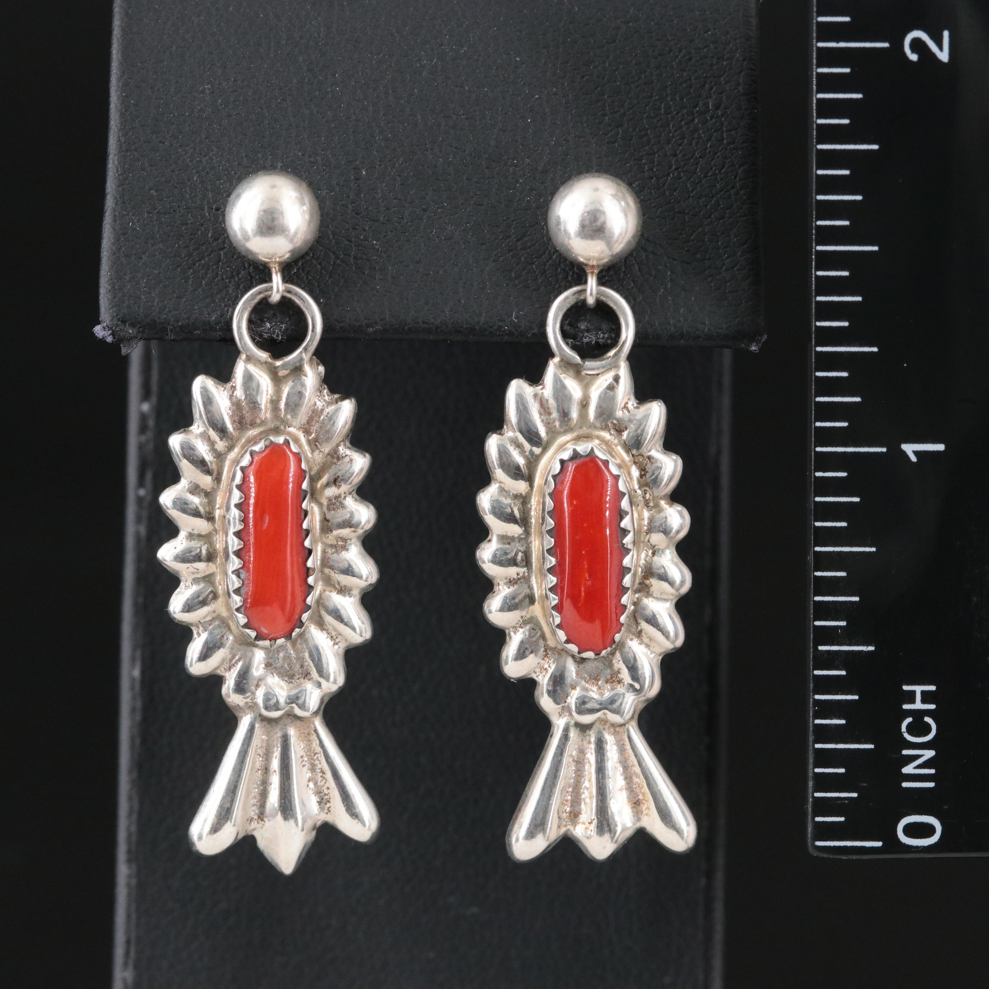 Vintage Sterling and Coral Drop Earrings