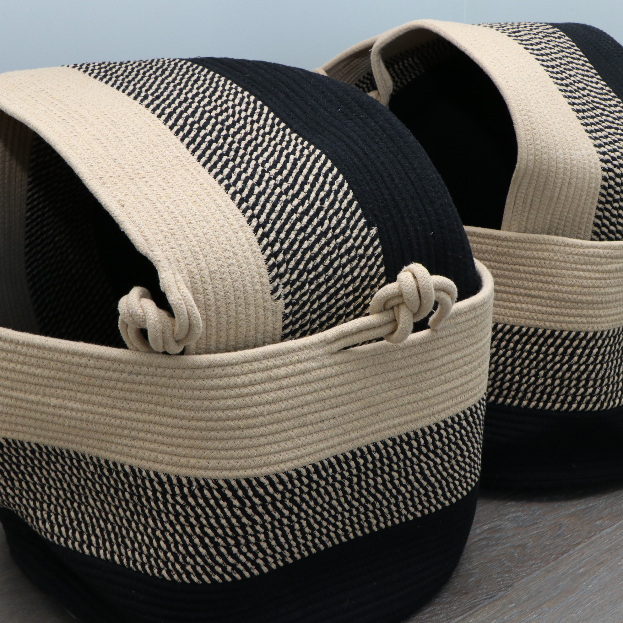 Cotton Rope and Woven Pom-Pom Storage Baskets, Including Wood Hangers