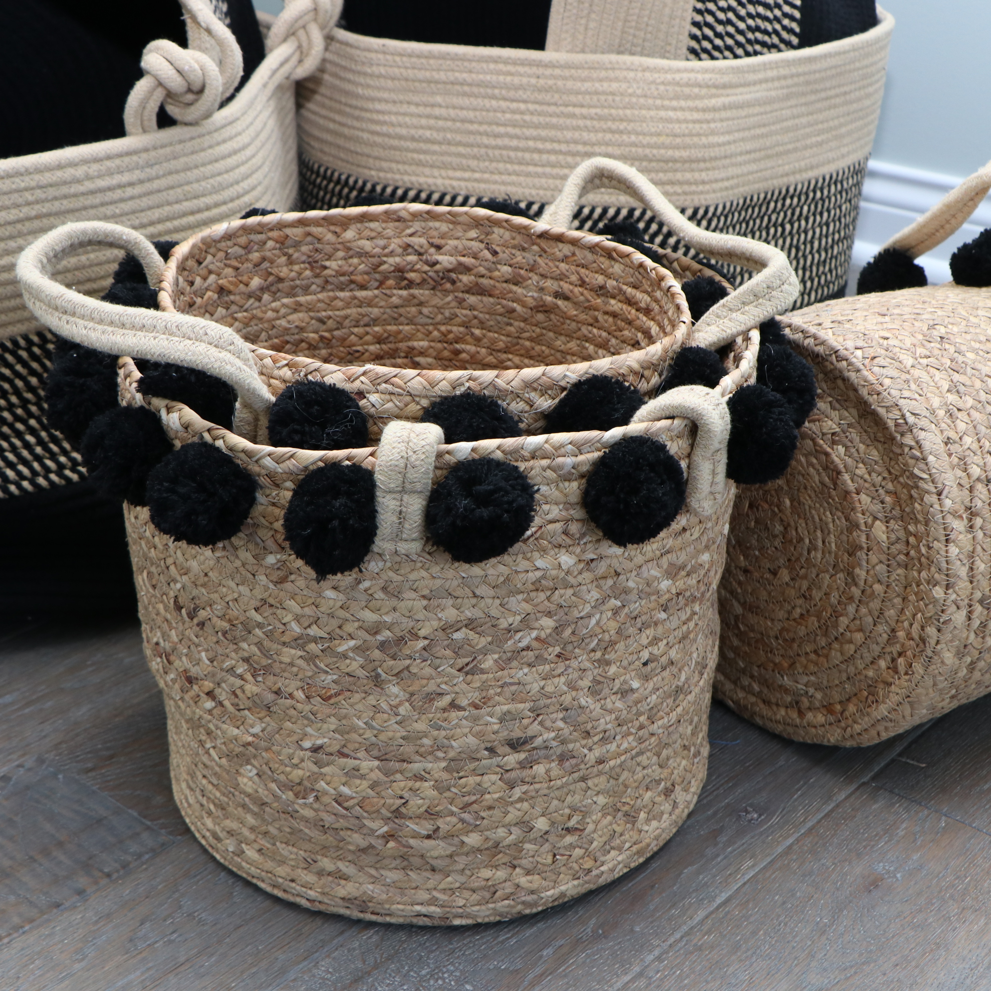 Cotton Rope and Woven Pom-Pom Storage Baskets, Including Wood Hangers