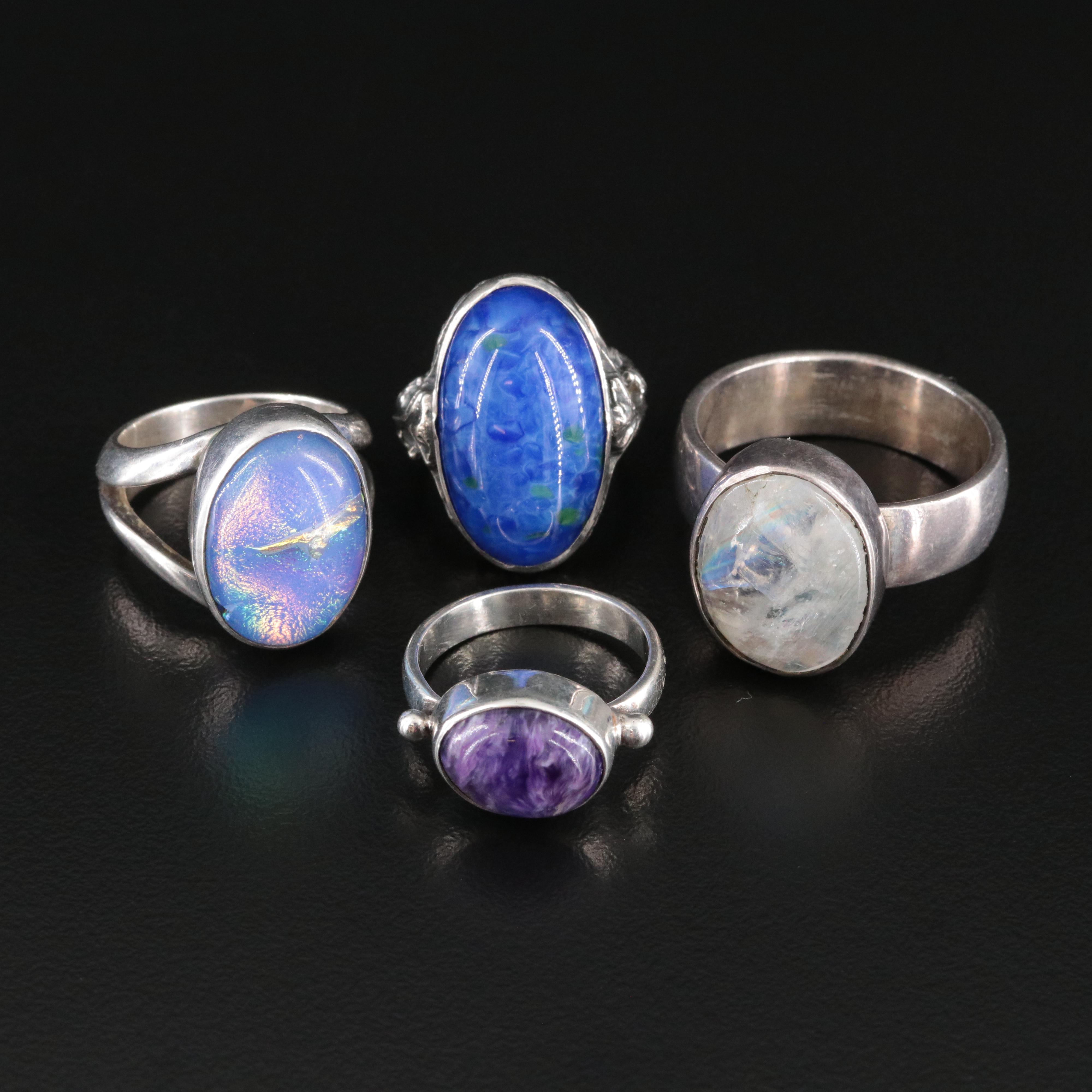 Sterling Charoite, Rainbow Moonstone and Glass Rings